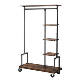 Hivvago - Industrial Metal Pipe Garment Rack with Wood Storage Shelves on Wheels - Rustic Brown