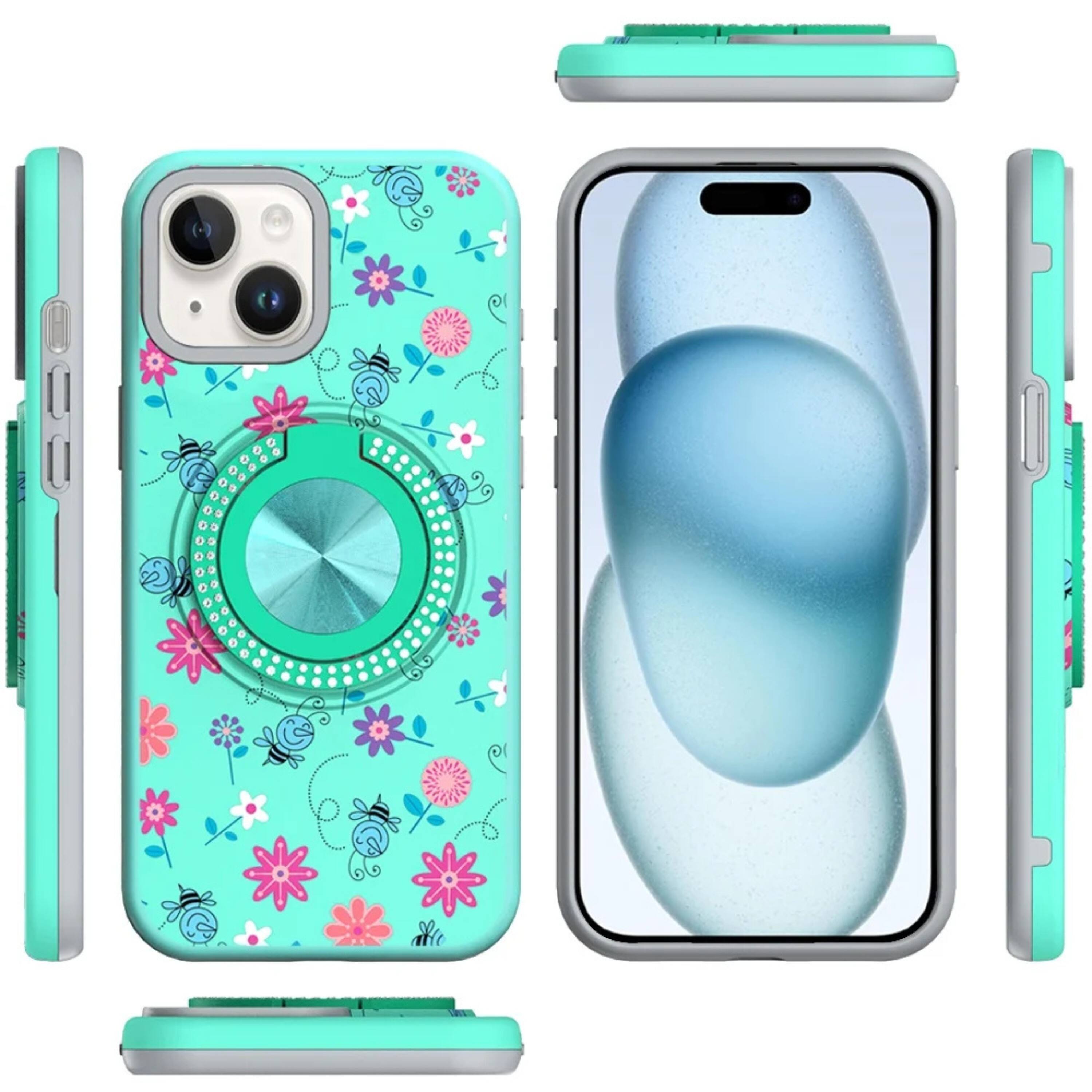 Angle. Kitcheniva - Printed Bling 360 Rotating Ring Stand Phone Case With 2 Tempered Glass For iPhone 15 Sky Blue FLoral - Sky Blue.