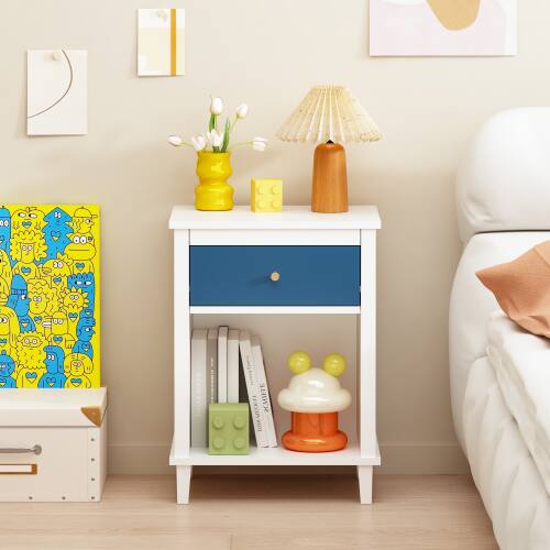 LUCKY ONE - 26.8" Assembled Wooden Nightstand 1-Drawer 1-Shelf - White+Navy
