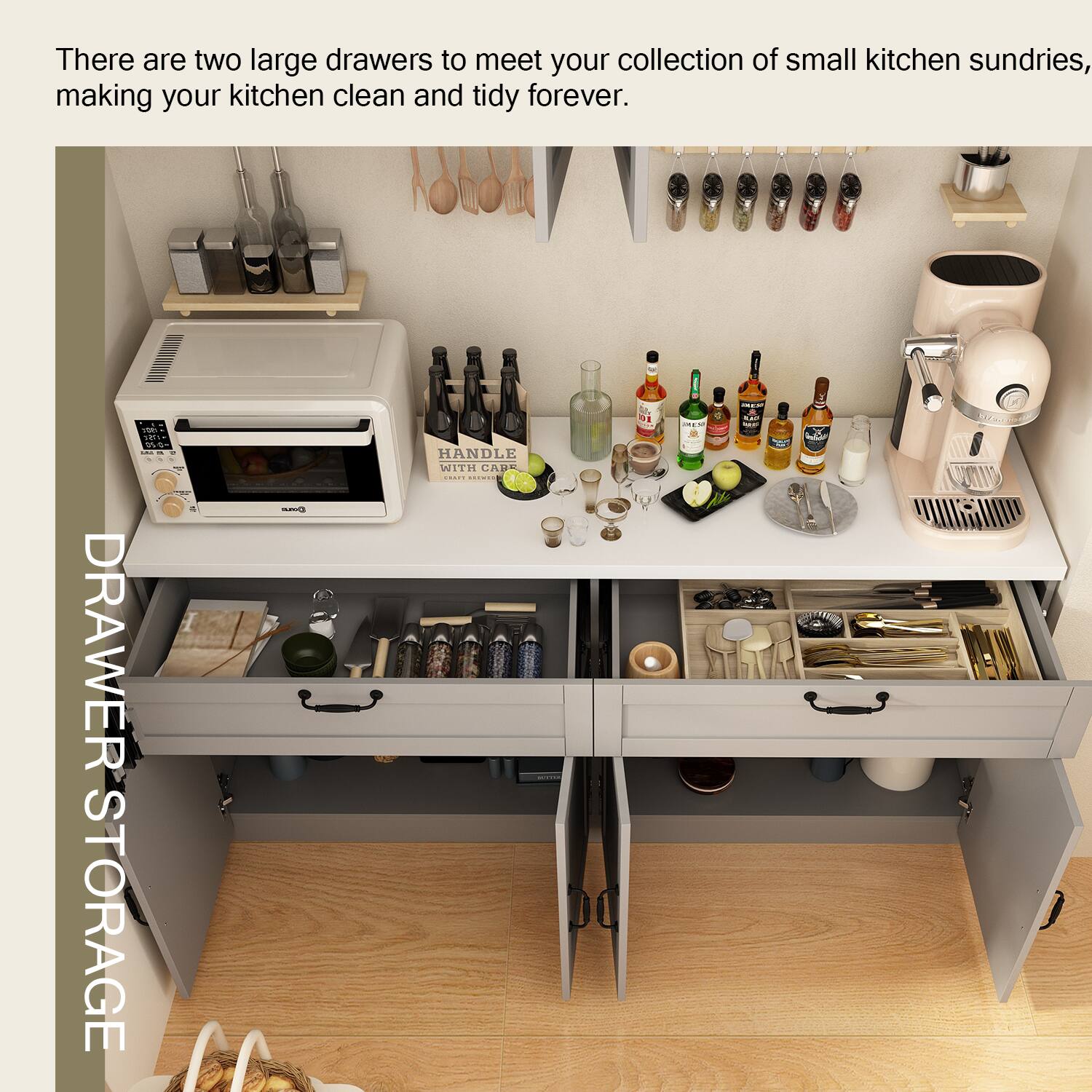 DRAWER STORAGE - There are two large drawers to meet your collection of small kitchen sundries, making your kitchen clean and tidy forever.