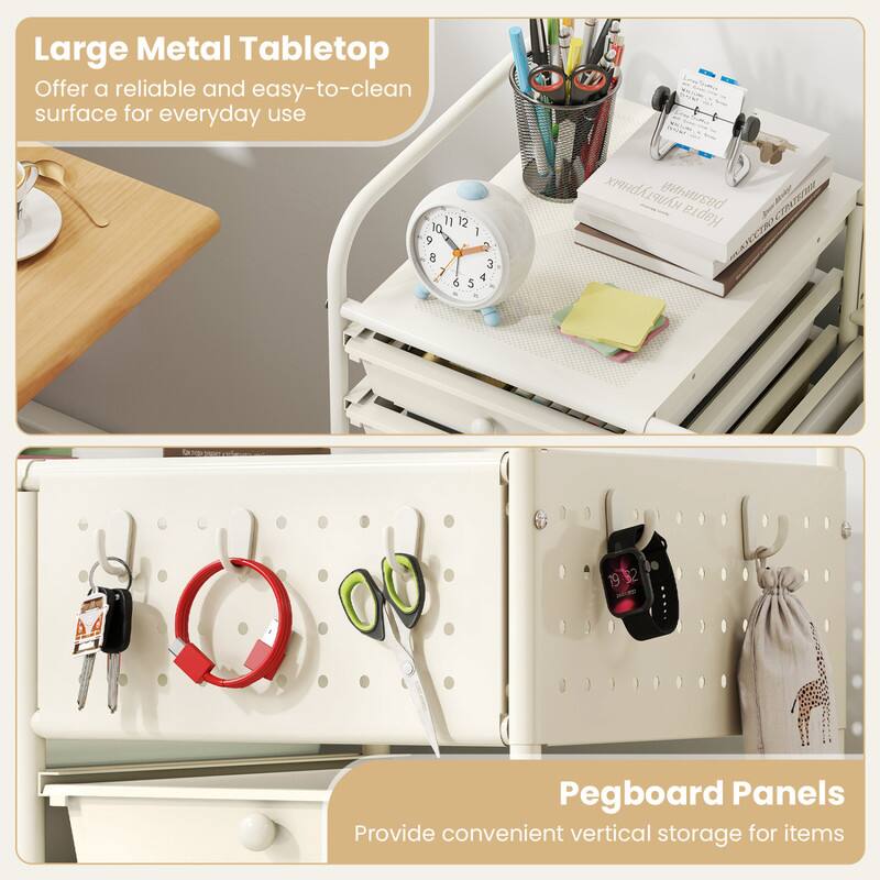 Large Metal Tabletop  
Offer a reliable and easy-to-clean surface for everyday use  

Pegboard Panels  
Provide convenient vertical storage for items