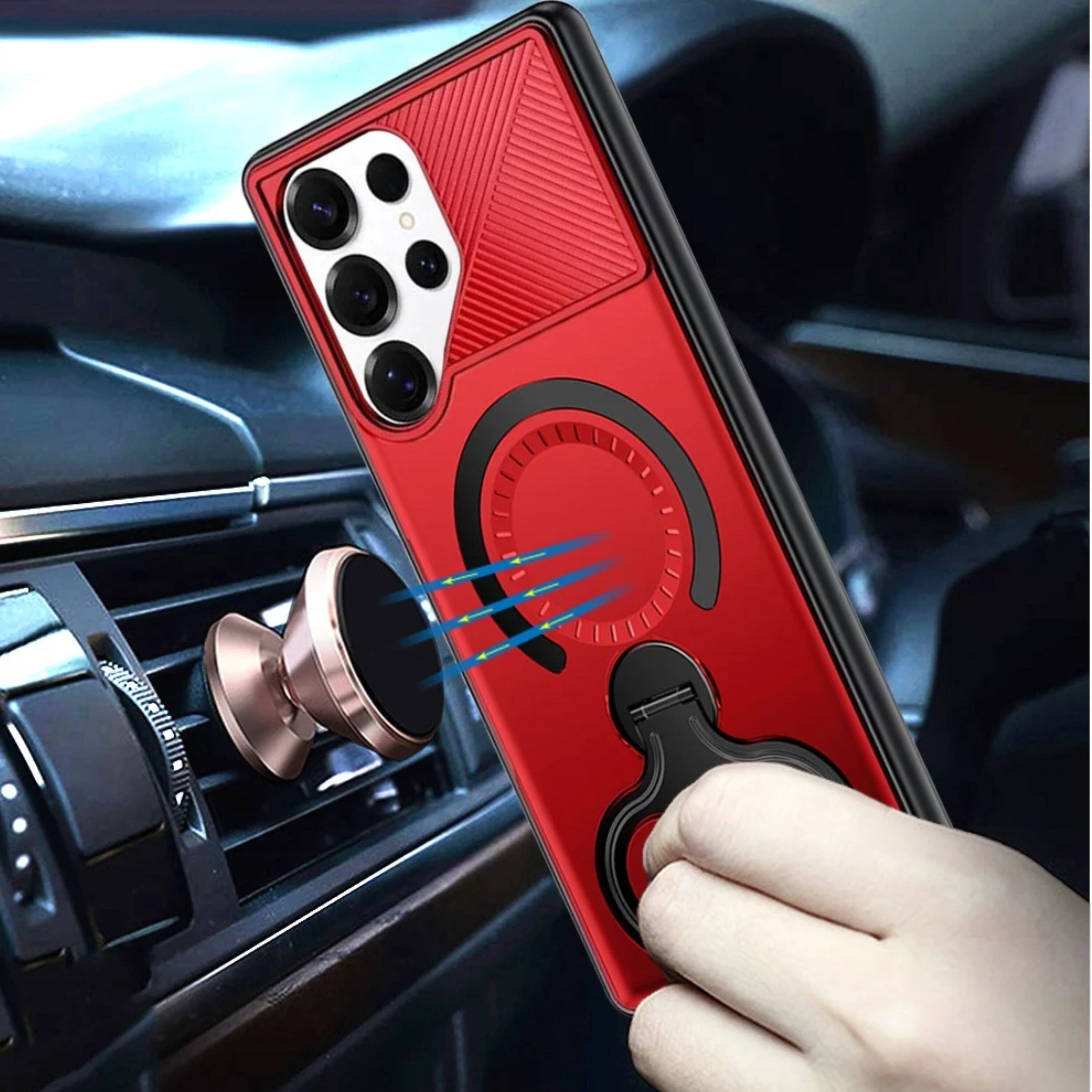 Angle. Kitcheniva - Magnetic Circle Dual 360 Ring Stand Phone Case With Tempered Glass For Samsung Galaxy S25 Ultra Red - Red.