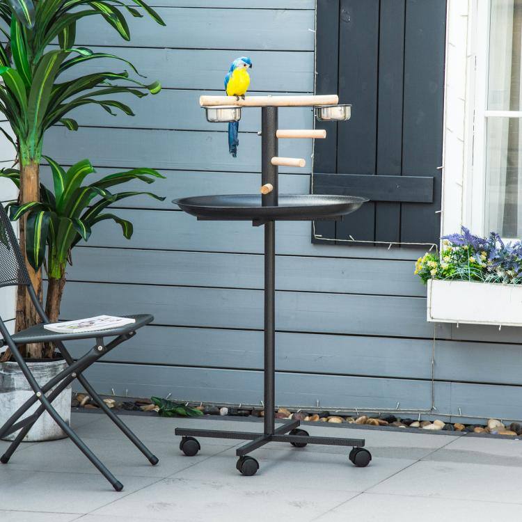 Alt View 1. PULUZ - Portable Bird Play Stand, Parrot Perch Bird Feeder Station with Wheels, Stainless Steel Feeding Bowls, Tray - Gray.