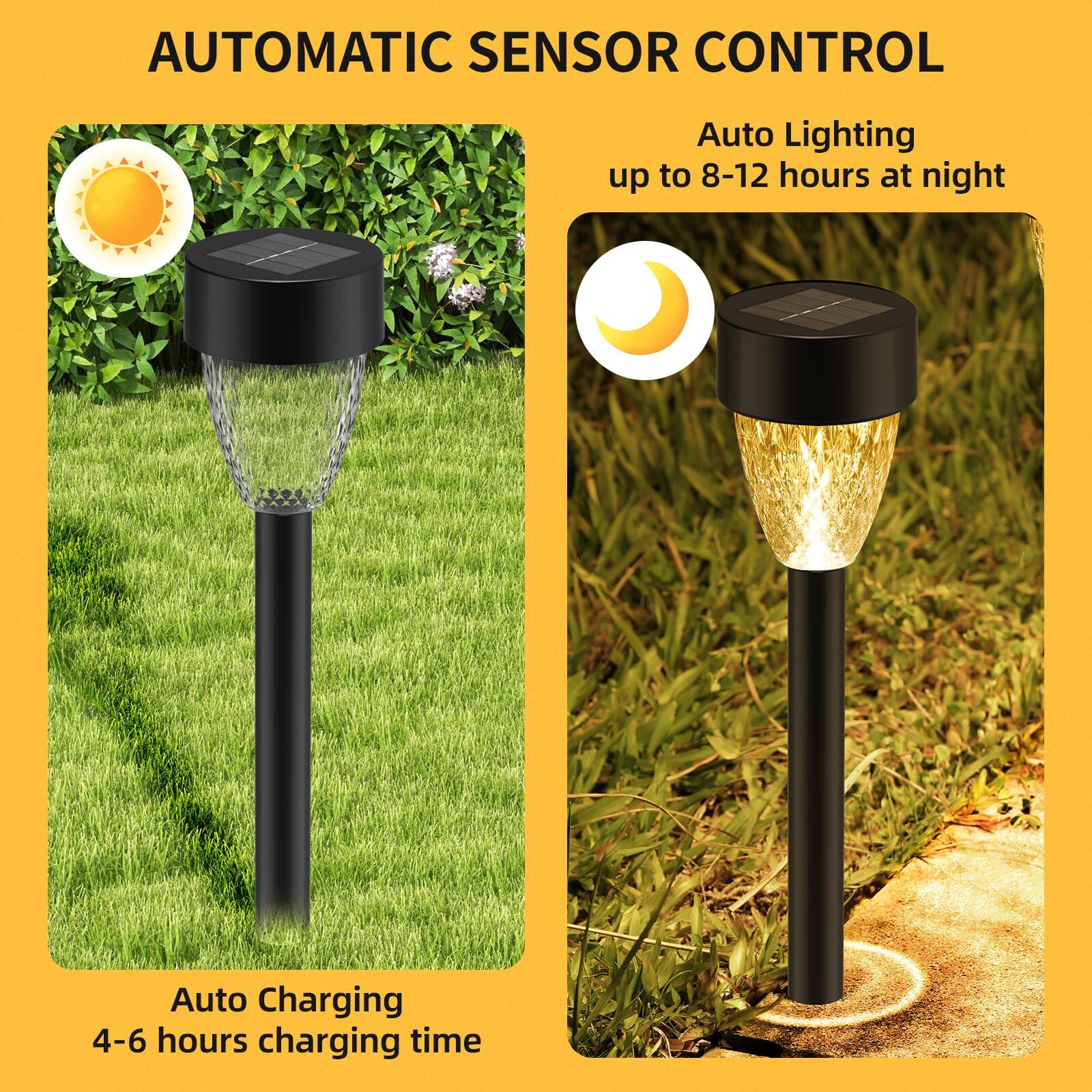 AUTOMATIC SENSOR CONTROL

Auto Lighting up to 8-12 hours at night

Auto Charging 4-6 hours charging time