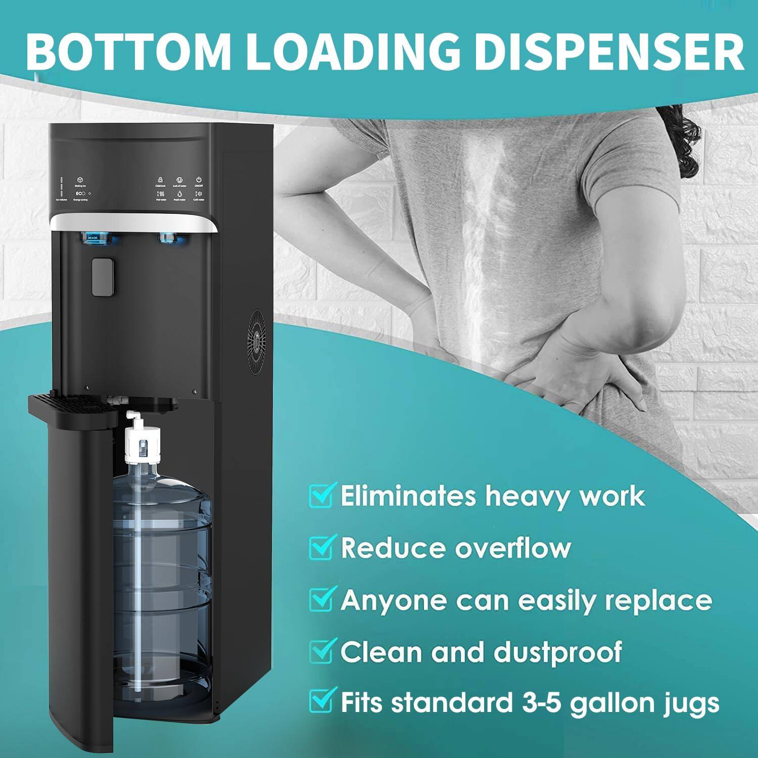 BOTTOM LOADING DISPENSER
- Eliminates heavy work
- Reduce overflow
- Anyone can easily replace
- Clean and dustproof
- Fits standard 3-5 gallon jugs