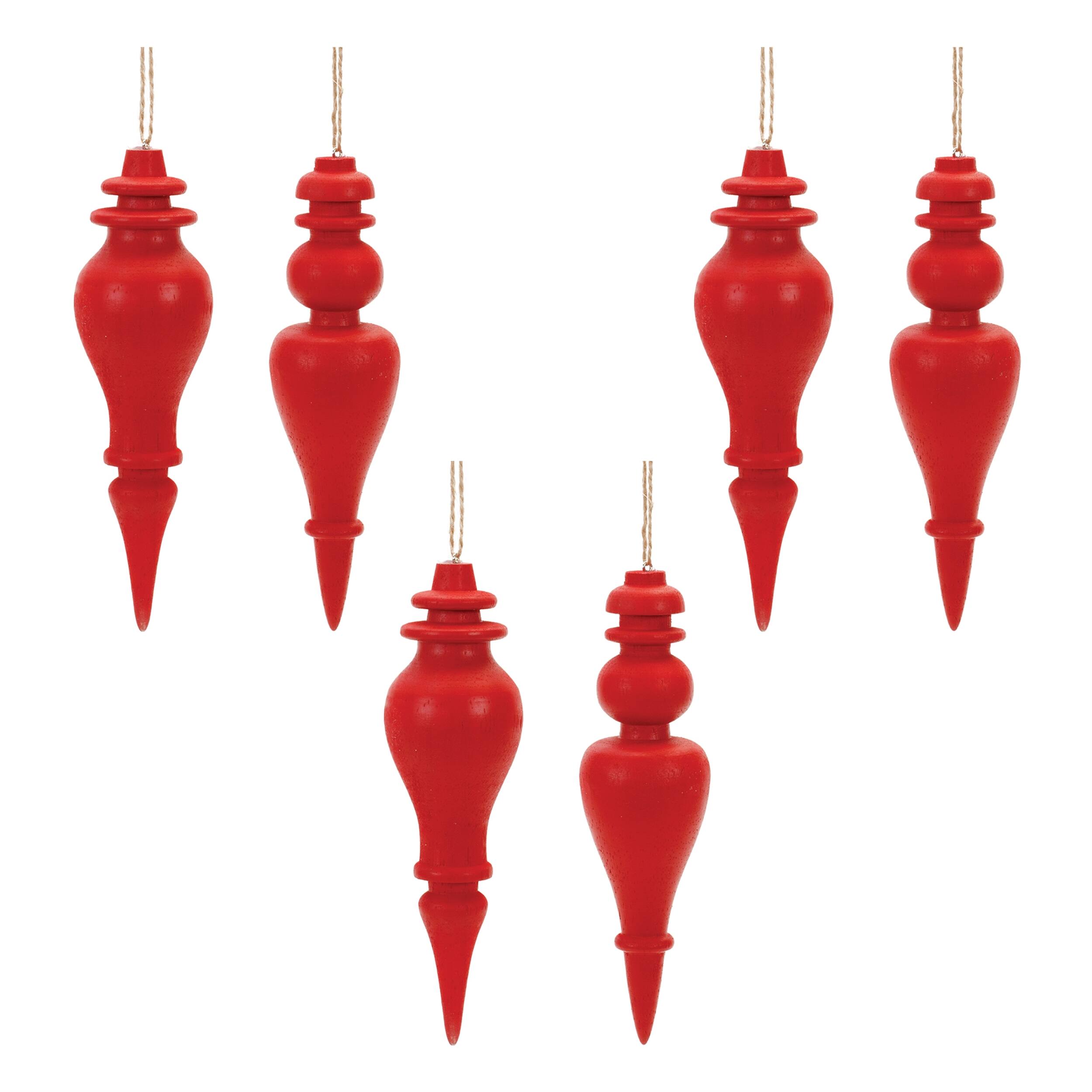 Alt View 2. BreeBe - Red Wood Finial Drop Ornament (Set of 6) - Red.