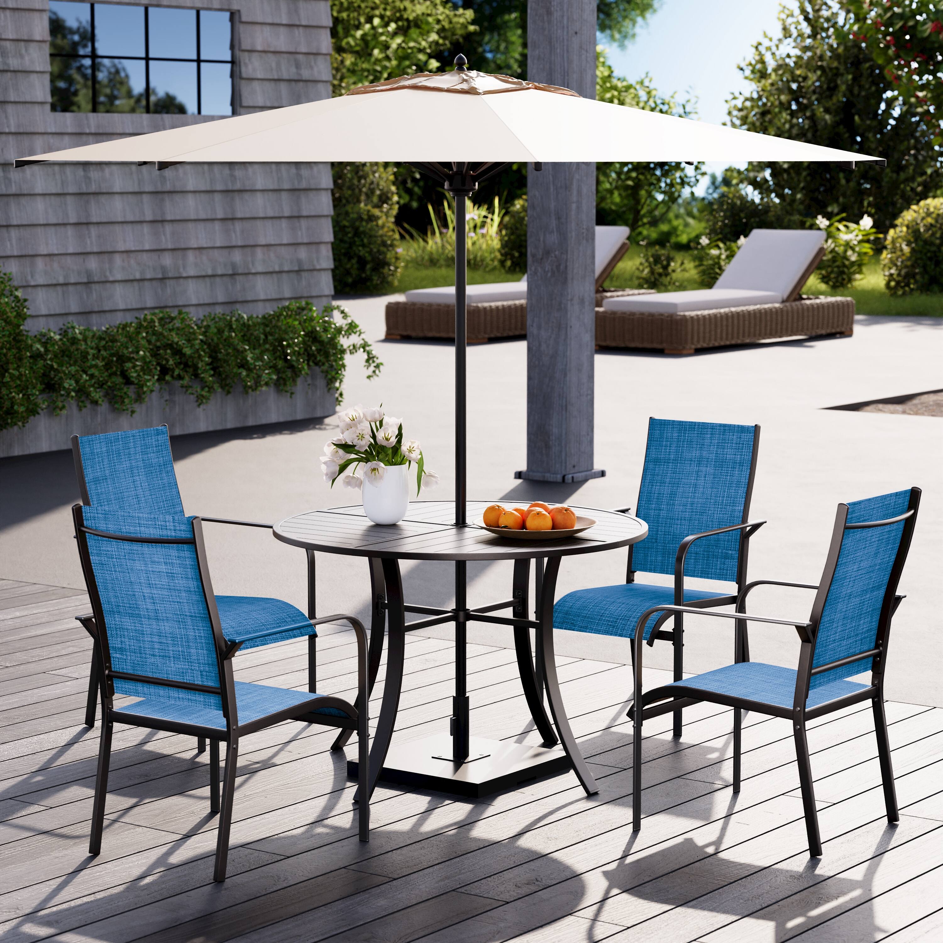 Back. U-HOMY - Outdoor Stackable Dining Chair Set of 4 All-Weather Patio Chairs with Breathable Textilene and Metal Frame - Blue.