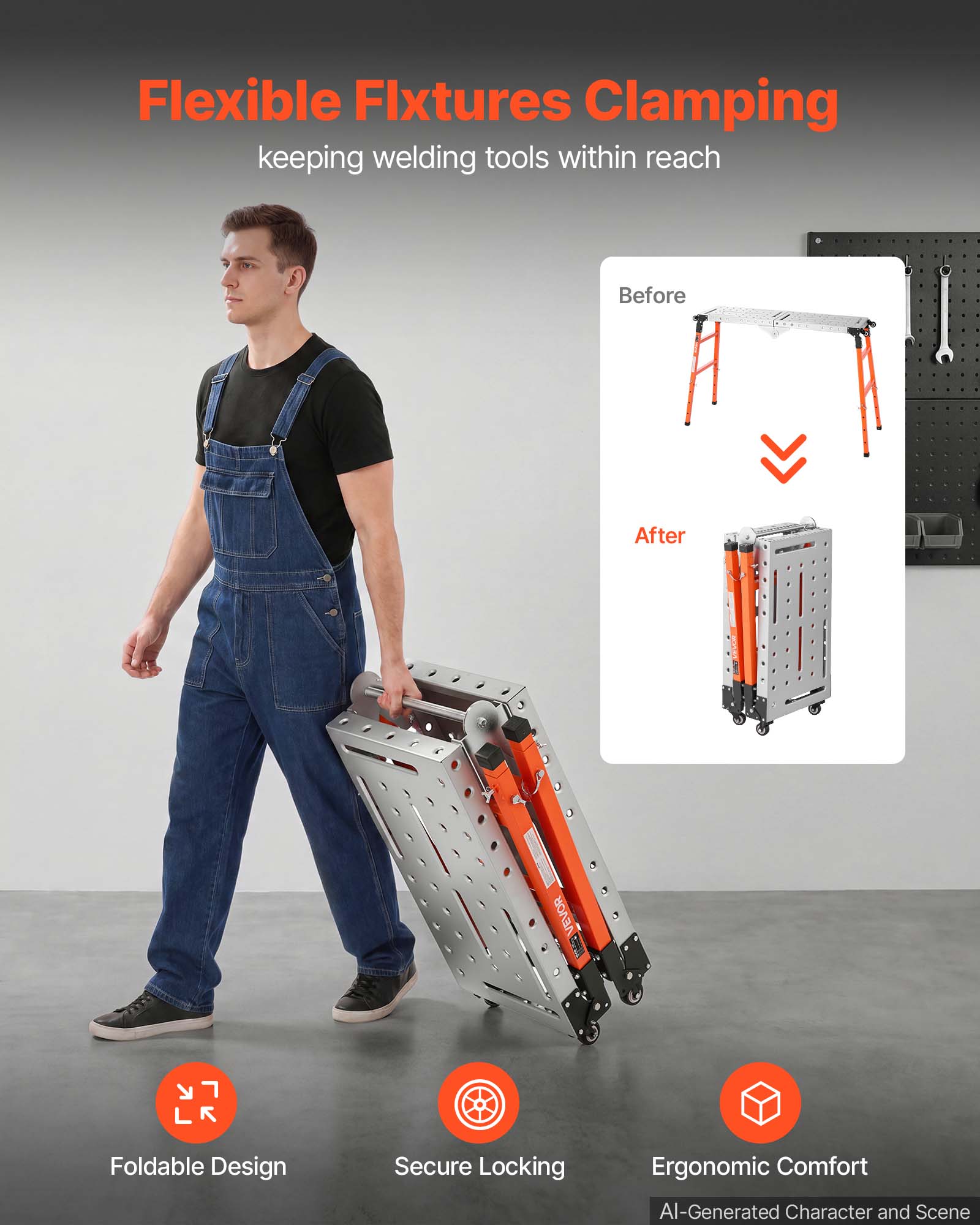 Flexible Fixtures Clamping  
keeping welding tools within reach

Before  
After

NEVOR  
LR

Foldable Design  
Secure Locking  
Ergonomic Comfort  
AI-Generated Character and Scene