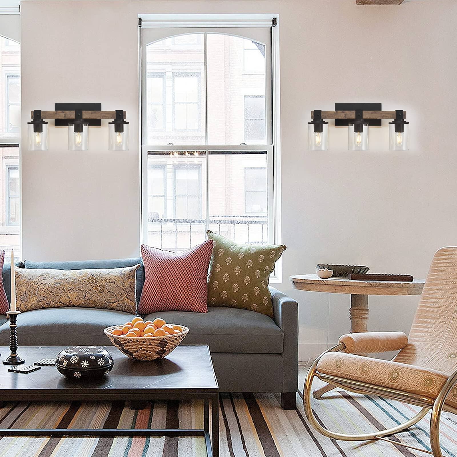 Alt View 2. Cedar Assembly - Wood Vanity Lights Farmhouse Bathroom Lighting Fixtures With Clear Glass Shade Industrial Vintage Rustic Wa - Antique Wood 3-Light.