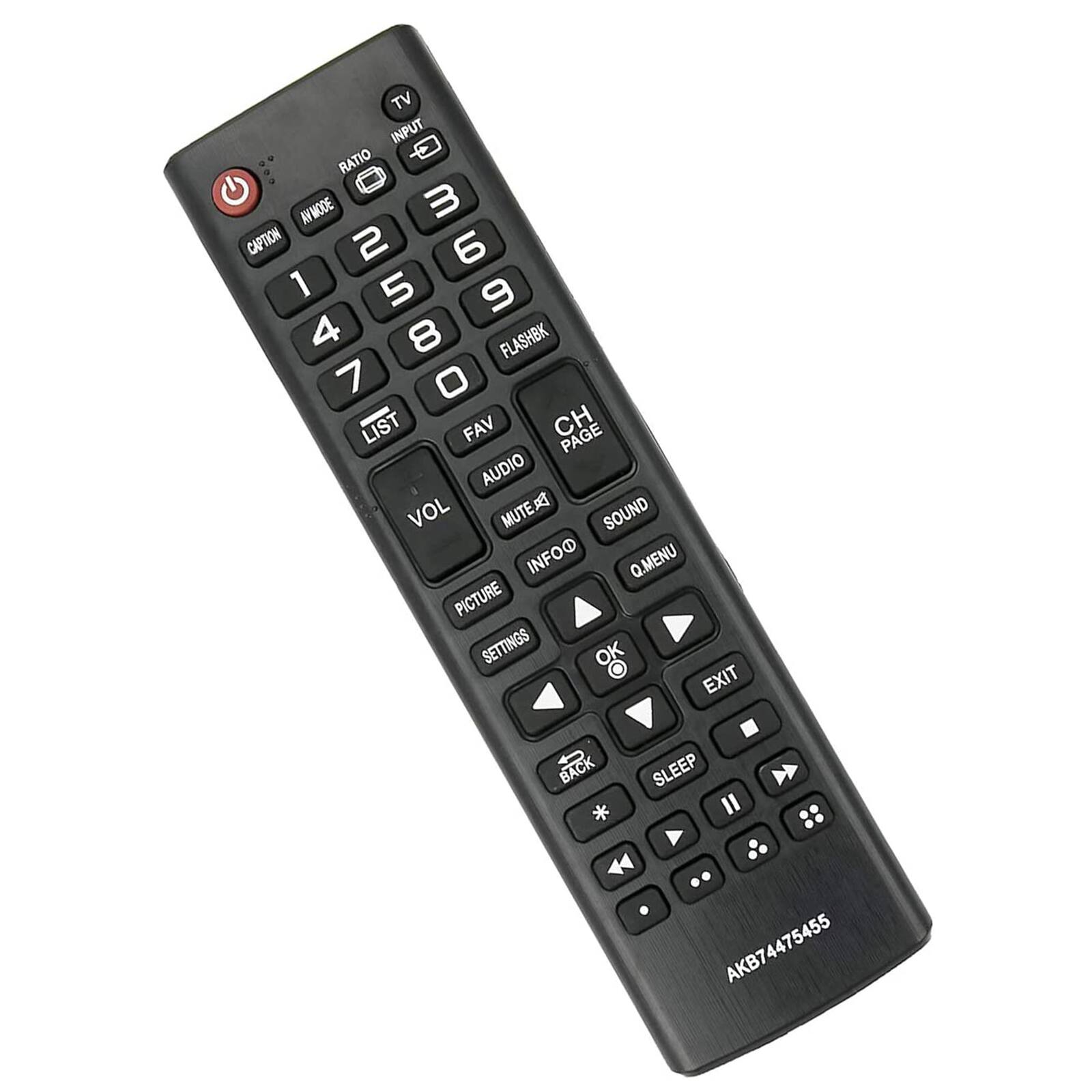 TV INPUT RATIO AVMODE 3 CAPTION 2 6 1 5 9 4 8 FLASHBK 7 0 LIST FAV CH PAGE AUDIO VOL MUTE SOUND INFO Q.MENU PICTURE SETTINGS OK EXIT BACK SLEEP AKB74475455
