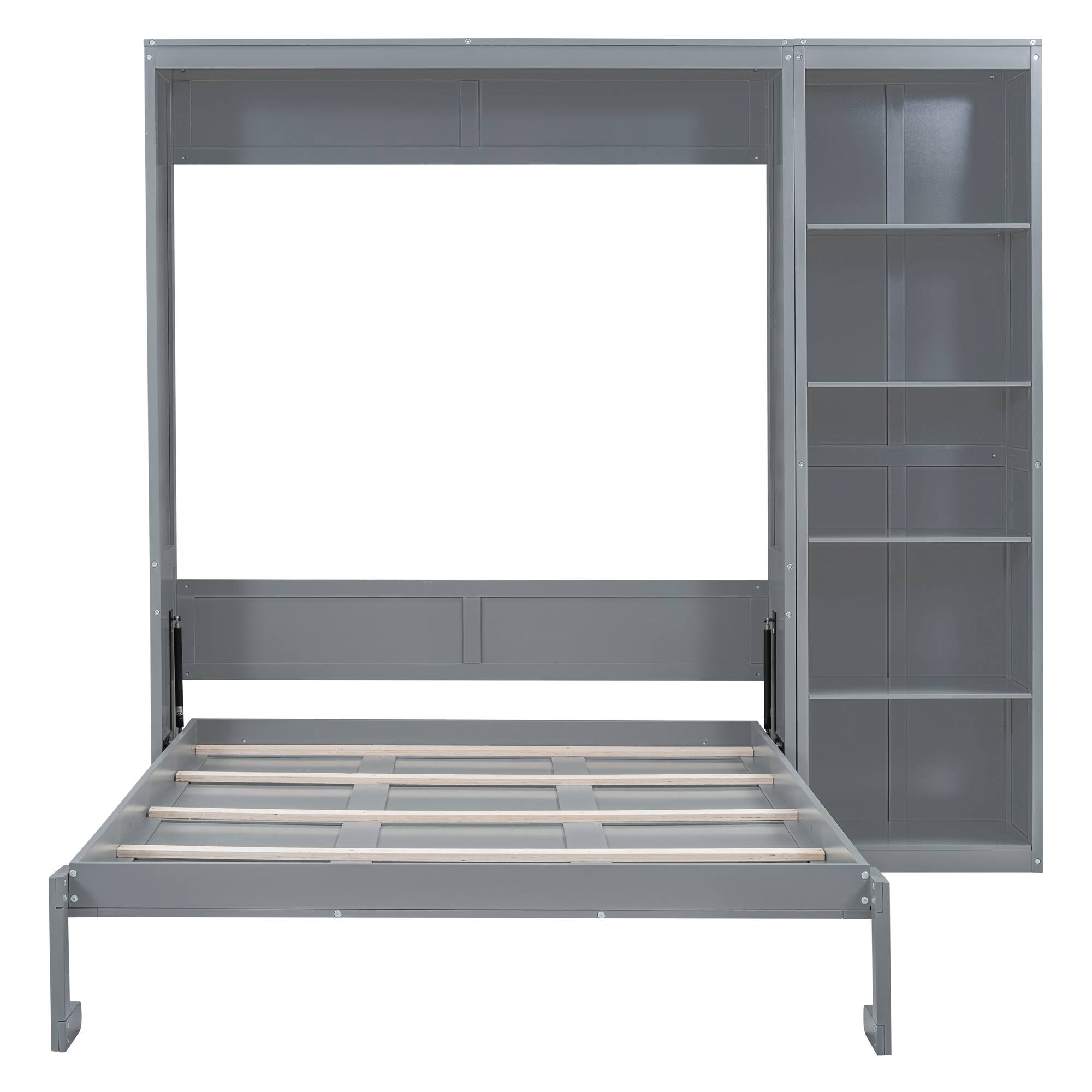 Alt View 1. Tiramisubest - Queen Size Gray Murphy Wall Bed with Shelves, Solid Wood + MDF, Space-Saving - Gray.