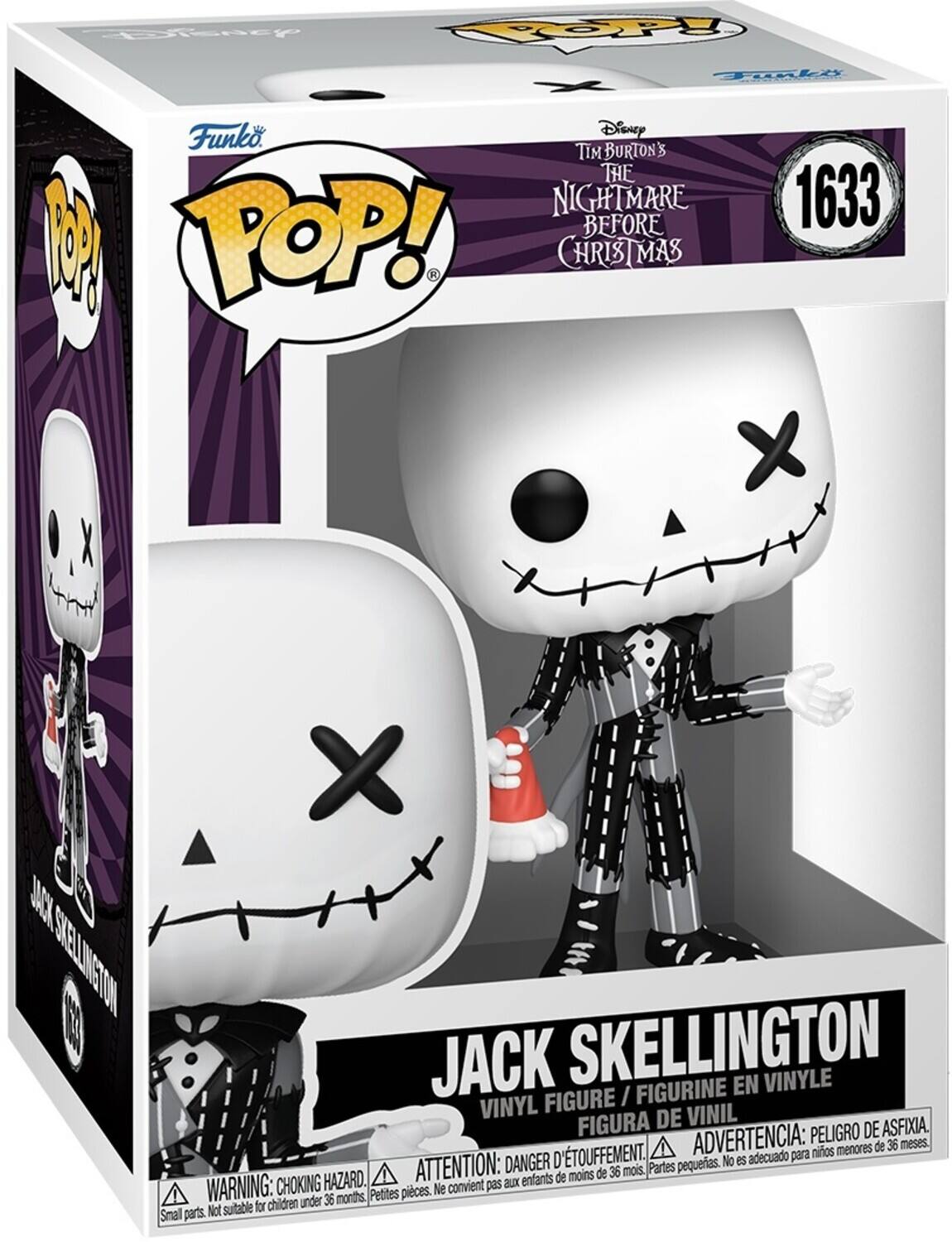 Sure, here is the corrected and grouped text from the image:

---

**Funko POP!**

**Disney Tim Burton's The Nightmare Before Christmas**

**1633**

**Jack Skellington**

**Vinyl Figure / Figurine en Vinyle / Figura de Vinilo**

**Warning: Choking Hazard. Small parts. Not suitable for children under 36 months.**

**Advertencia: Peligro de asfixia. Piezas pequeñas. No es adecuado para niños menores de 36 meses.**

**Attention: Danger d'étouffement. Petites pièces. Ne convient pas aux enfants de moins de 36 mois.**

**D'Touffement.**

---

This text is organized to reflect the information on the packaging, including the brand, product name, warning labels, and language translations.