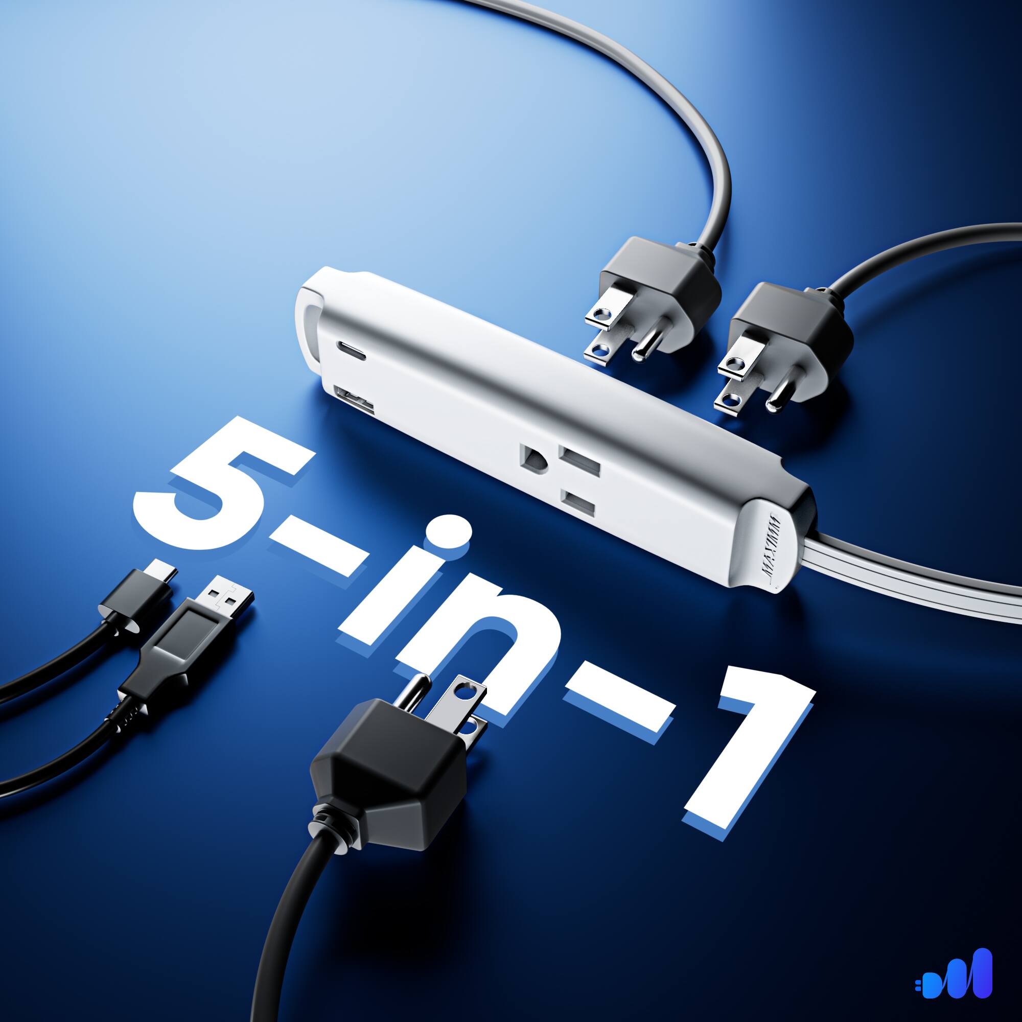 Alt View 1. Maximm - 360° Rotating Flat Plug Extension Cord 3-Outlet with USB-C and USB-A Ports 6FT, 3-Prong Flat Wire 16AWG, UL Certified - White.