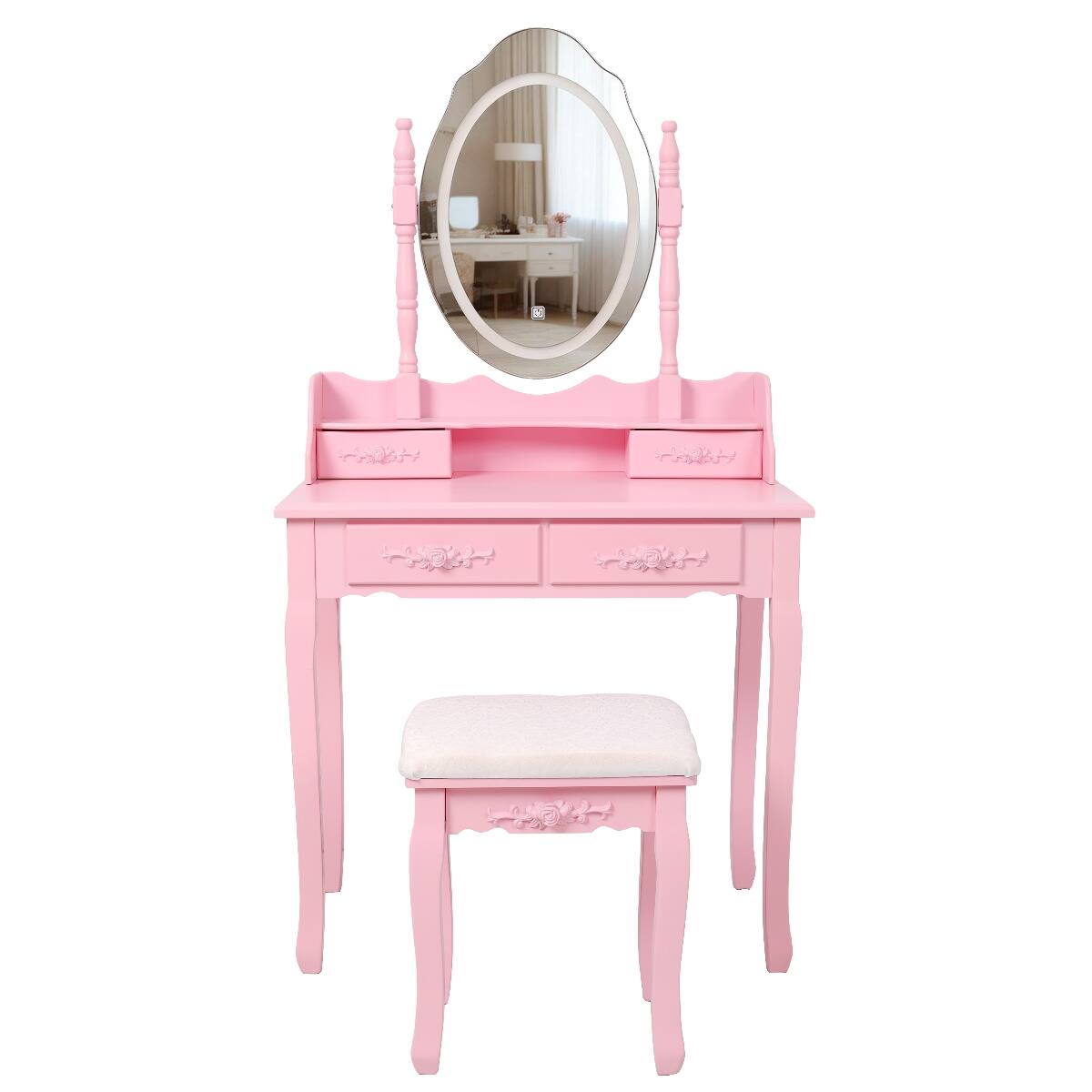 Alt View 3. Loheer - Loheer Pink Makeup Vanity Desk with LED Light Mirror and Cushioned Stool, Four Drawers - Pink.