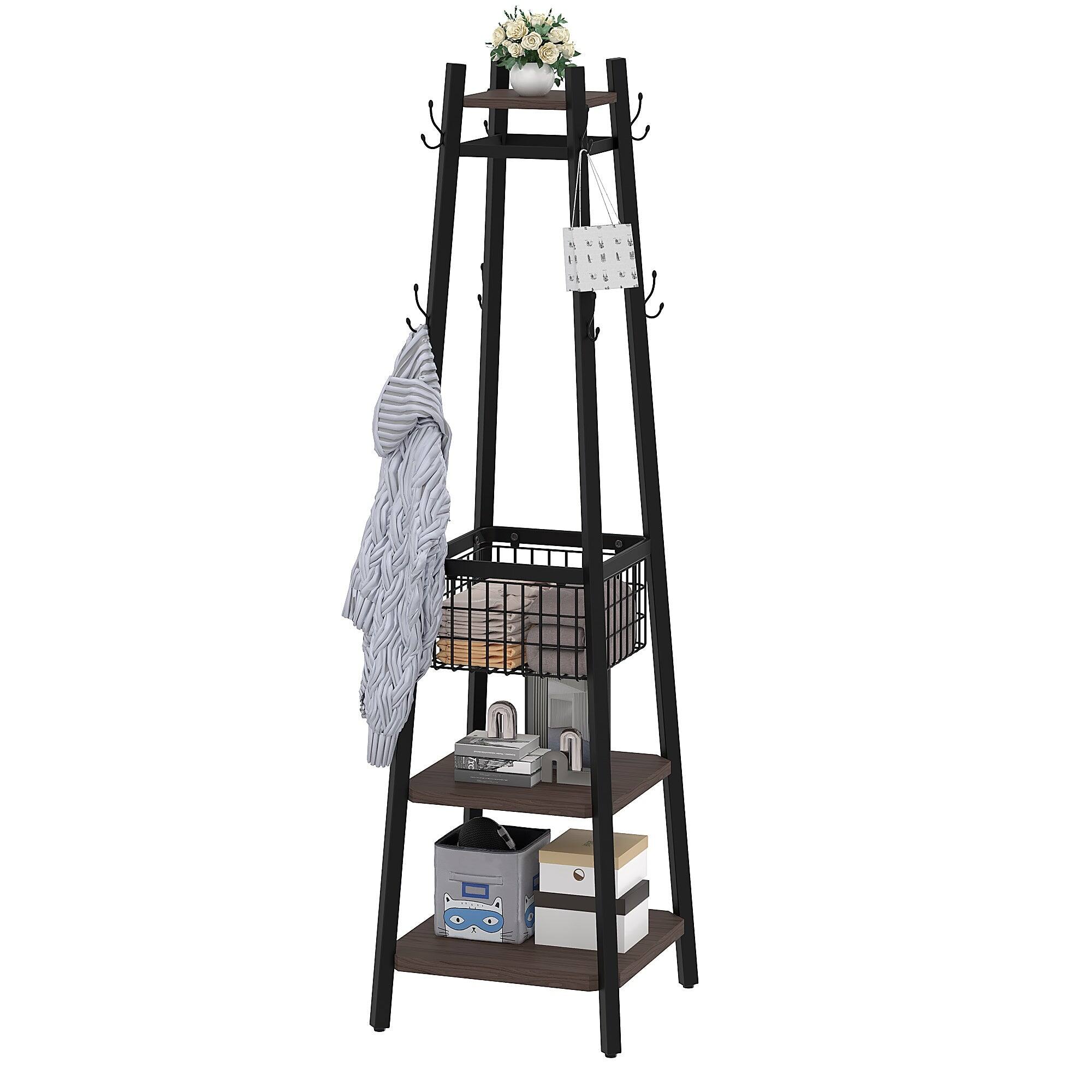 Front. Vecelo - Freestanding Entryway Coat Rack with Storage Basket and Hooks, Modern Hall Tree Organizer with Hanging Rods - Grey.