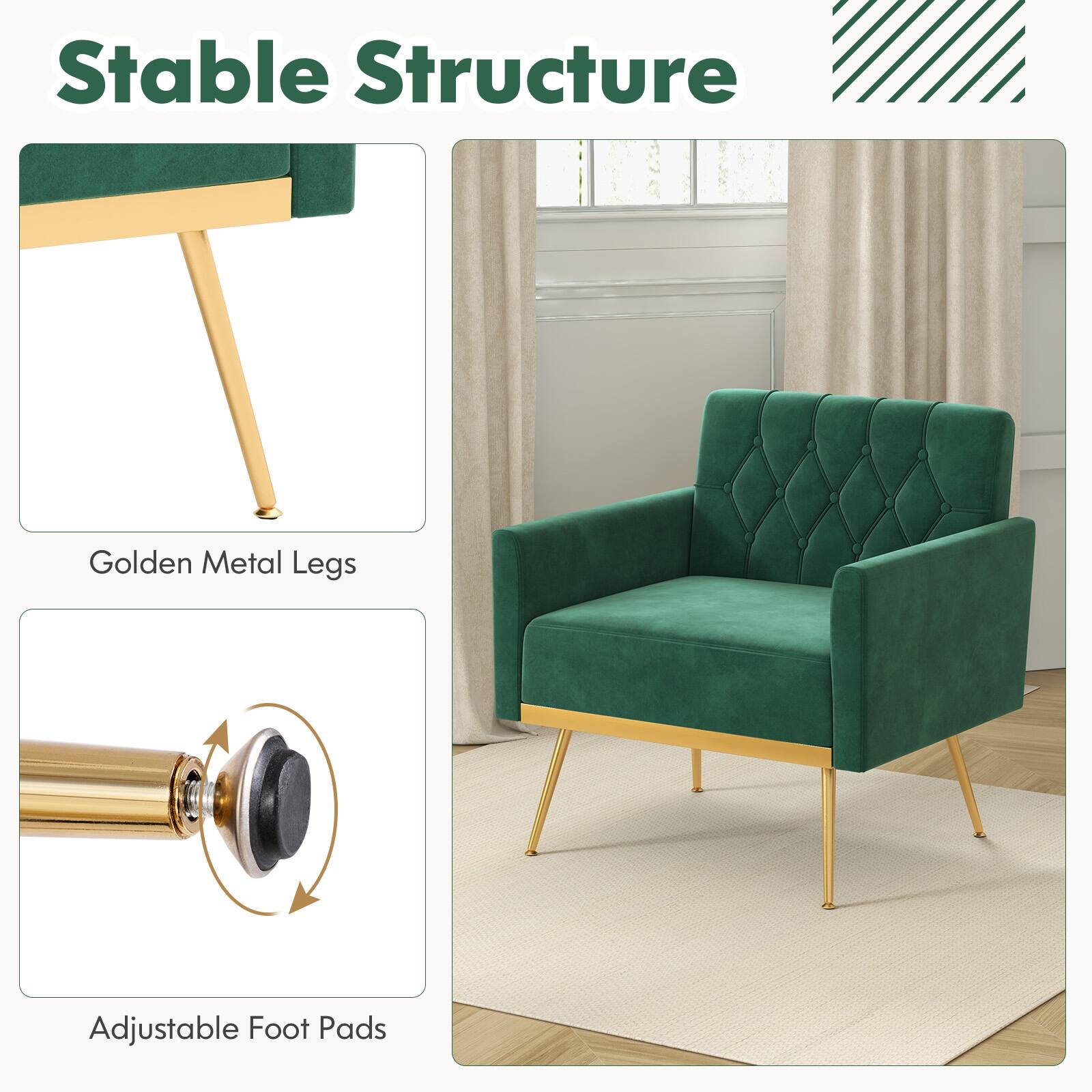 Stable Structure
Golden Metal Legs
Adjustable Foot Pads