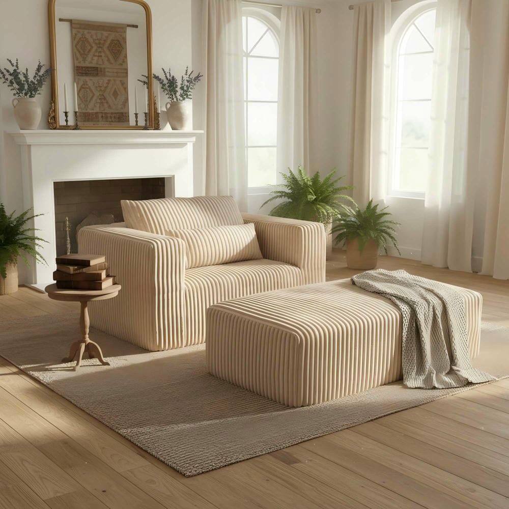 Angle. Kadyn - Oversized All-Foam Lounge Chair with Ottoman, Modular Corduroy, No-Tool Assembly, Beige - Beige.