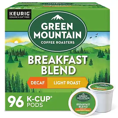 KEURIG
GENUINE K-CUP PODS
GREEN MOUNTAIN
COFFEE ROASTERS
BREAKFAST BLEND
DECAF
LIGHT ROAST
96 K-CUP PODS
GREEN MOUNTAIN
BREAKFAST BLEND
DECAF
LIGHT ROAST
KEURIG
