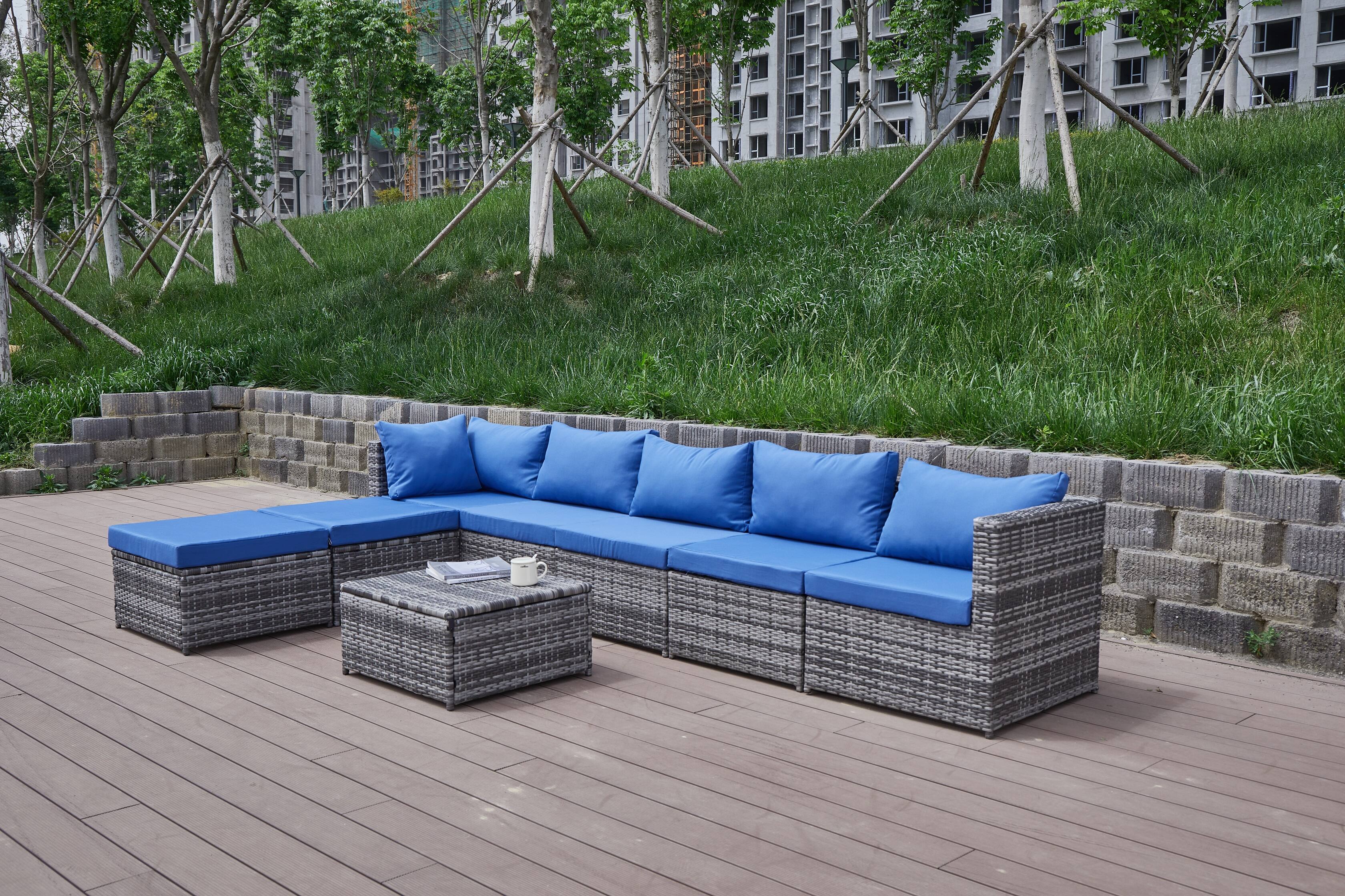 Alt View 1. Siljoy - Patio Sofa with Cushions - Blue+Grey.
