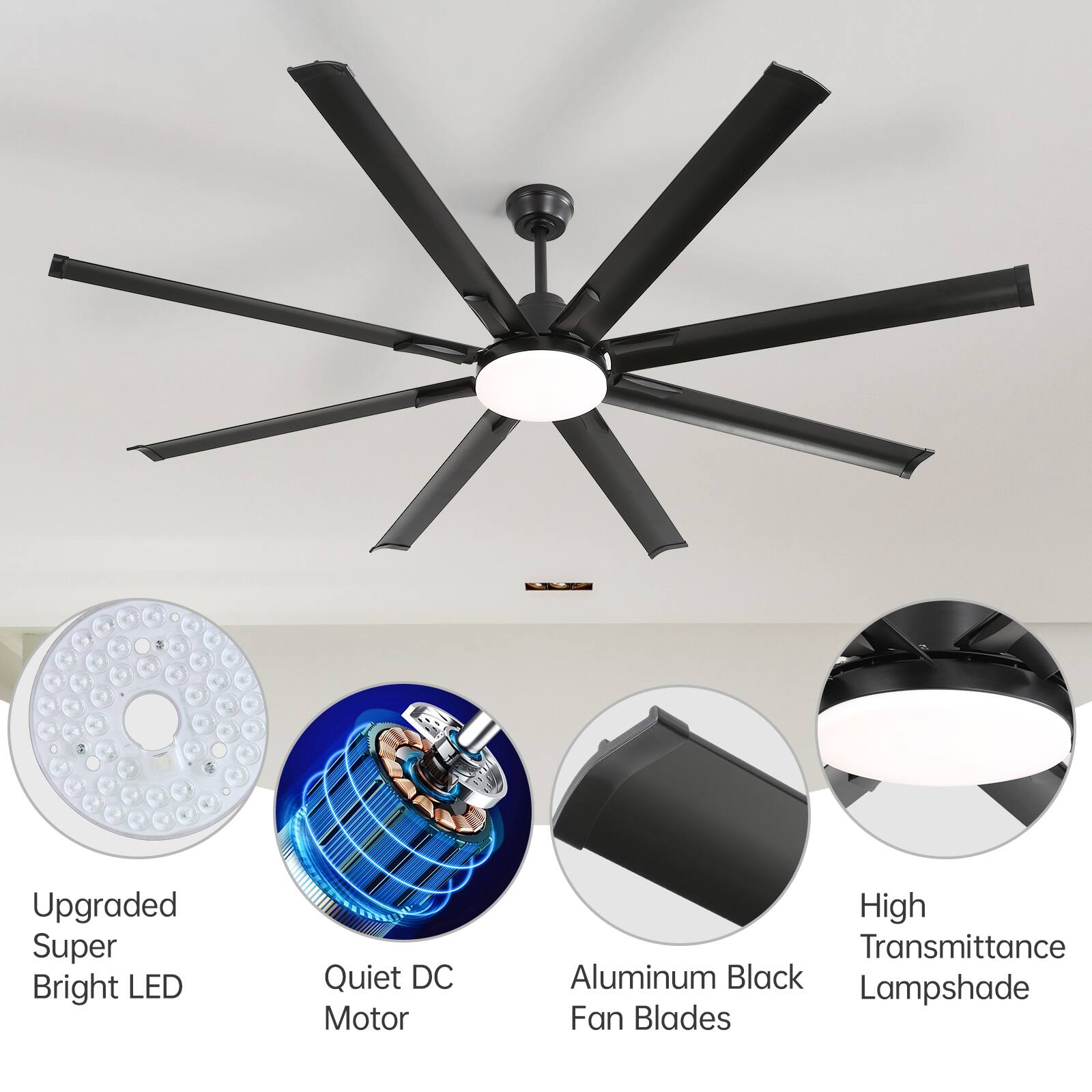 - Upgraded Super Bright LED
- Quiet DC Motor
- Aluminum Black Fan Blades
- High Transmittance Lampshade