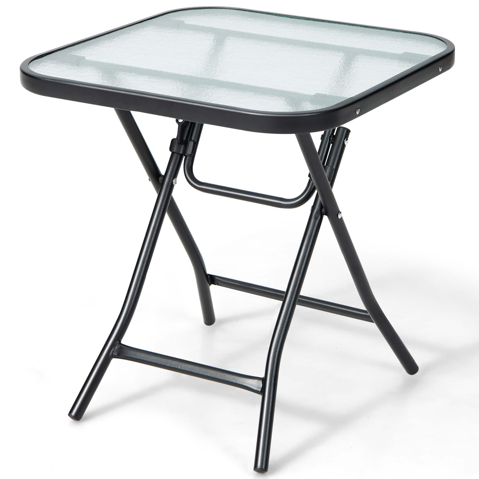 Front. Costway - Costway Patio Folding Square Glass Side Table Bistro Coffee Table Plant Stand - Black.