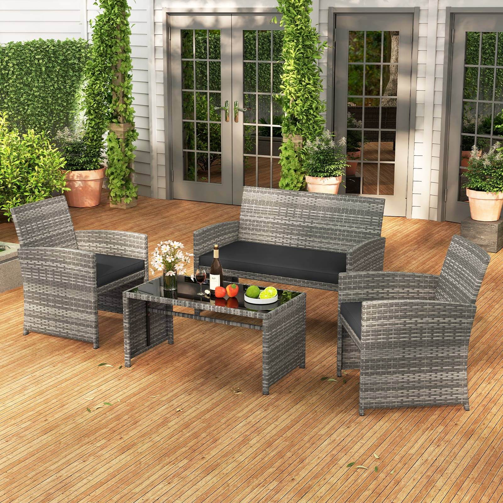 Alt View 3. Costway - Costway 4 PCS Patio Furniture Set with Tempered Glass Coffee Table Loveseat 2 Single Sofas - Black,Gray.