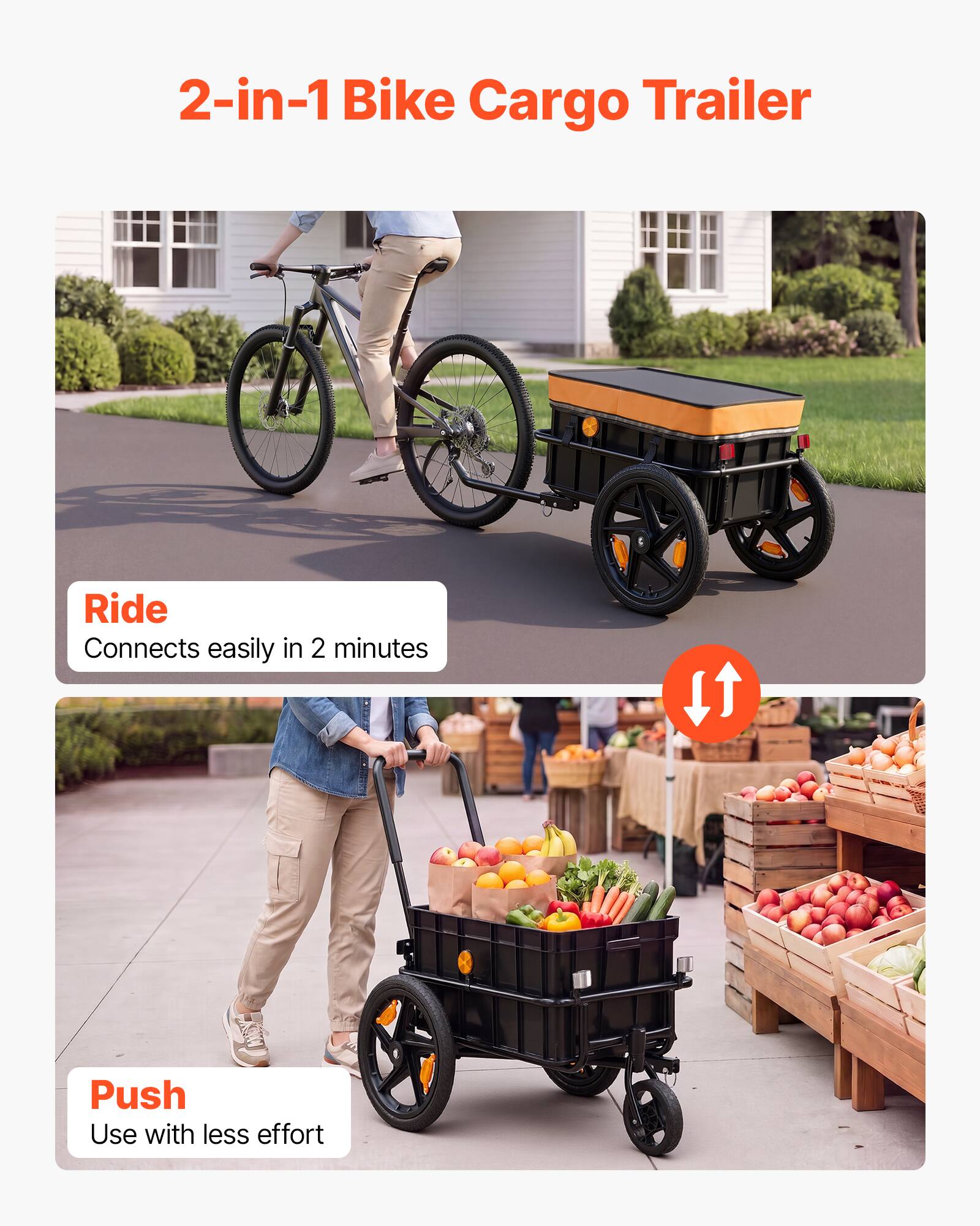 2-in-1 Bike Cargo Trailer

Ride
Connects easily in 2 minutes

Push
Use with less effort