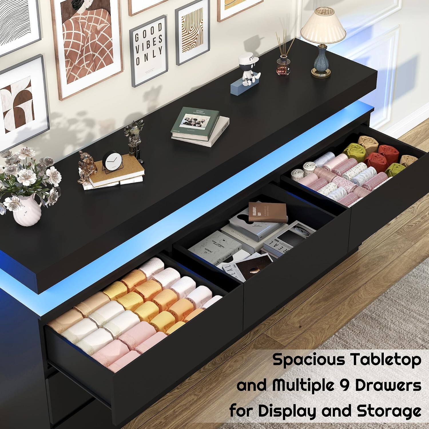 GOOD VIBES ONLY

Spacious Tabletop and Multiple 9 Drawers for Display and Storage