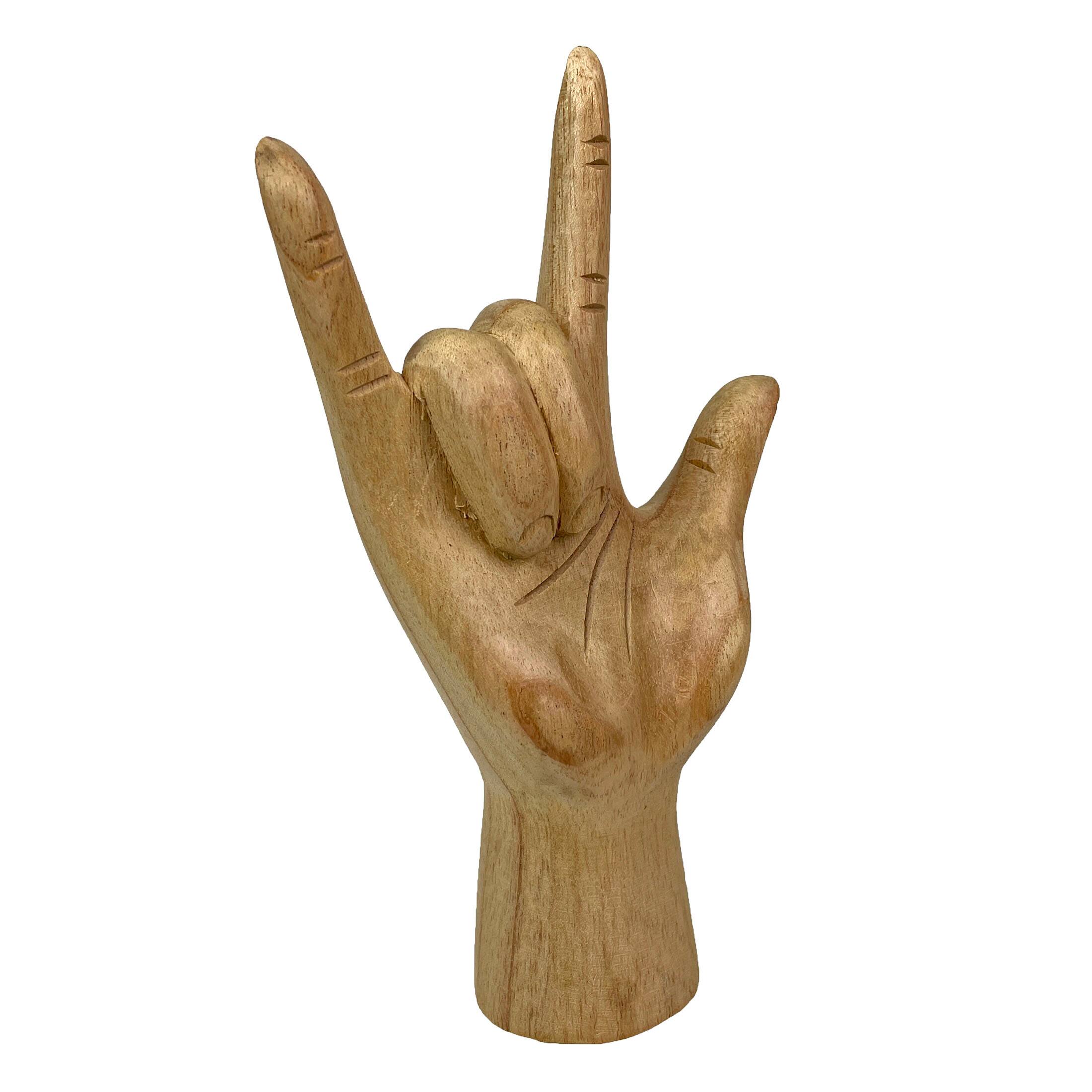 Alt View 1. Zeckos - Carved Wood ASL I Love You Hand Gesture Statue 8.5 Inch Tabletop Sculpture - Brown.