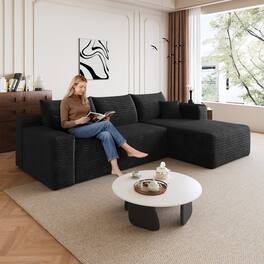 Meqiodas - 95" Sectional Sofa with L-Shape Lounge,Soft Corduroy Modular Couch for Living Room, Deep Seat Corner Couch, No Assembly - Black