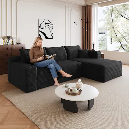 Front. Meqiodas - 95" Sectional Sofa with L-Shape Lounge,Soft Corduroy Modular Couch for Living Room, Deep Seat Corner Couch, No Assembly - Black.