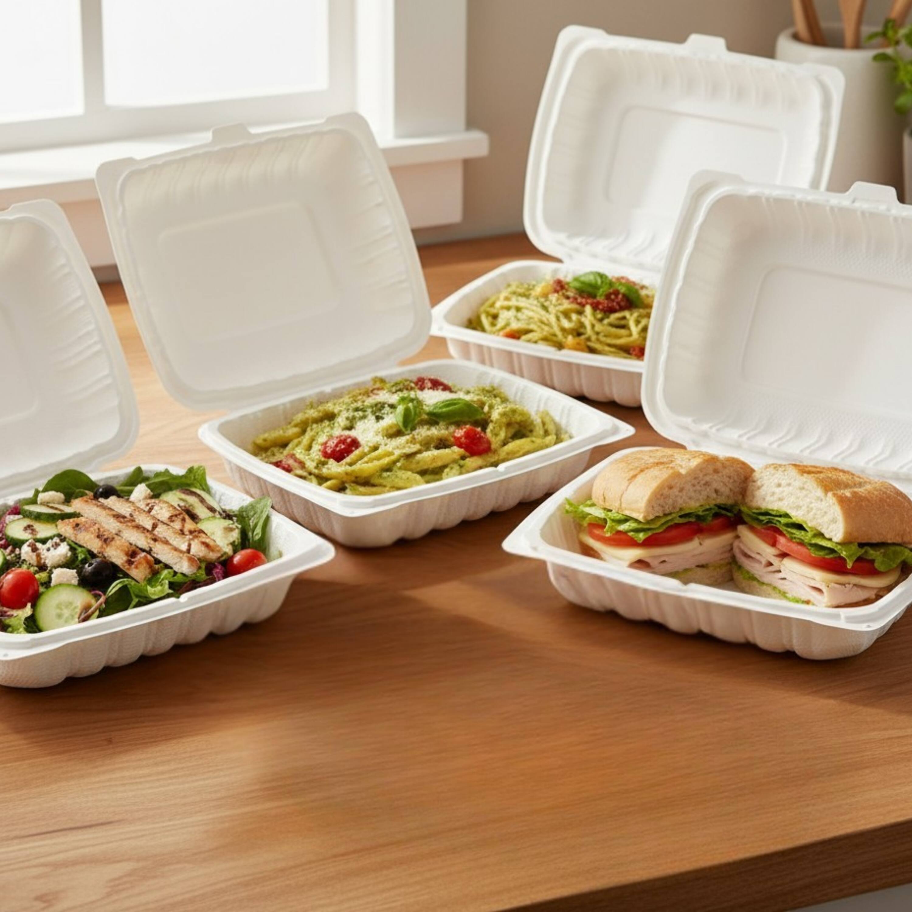 Alt View 3. Eco Harmony Products - Clamshell (MFPP) Hinged Container (Corner Lock), Tall, 9" x 6.3", 200-Pack - White.