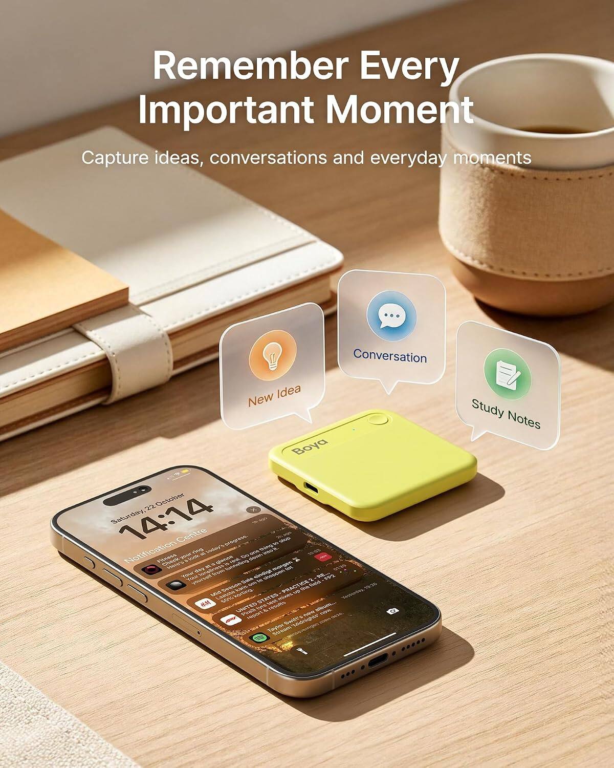 BOYA NOTRA NEO AI Voice Recorder with Transcription and Summaries ...