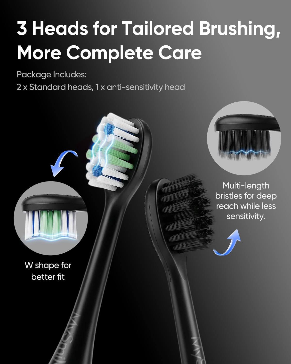 3 Heads for Tailored Brushing, More Complete Care

Package Includes:
2 x Standard heads, 1 x anti-sensitivity head

Multi-length bristles for deep reach while less sensitivity.

W shape for better fit