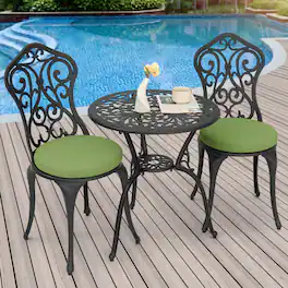 Nuu Garden - Patio 3-Piece Cast Aluminum Bistro Set with Cushions, Umbrella Hole - Blank and Green
