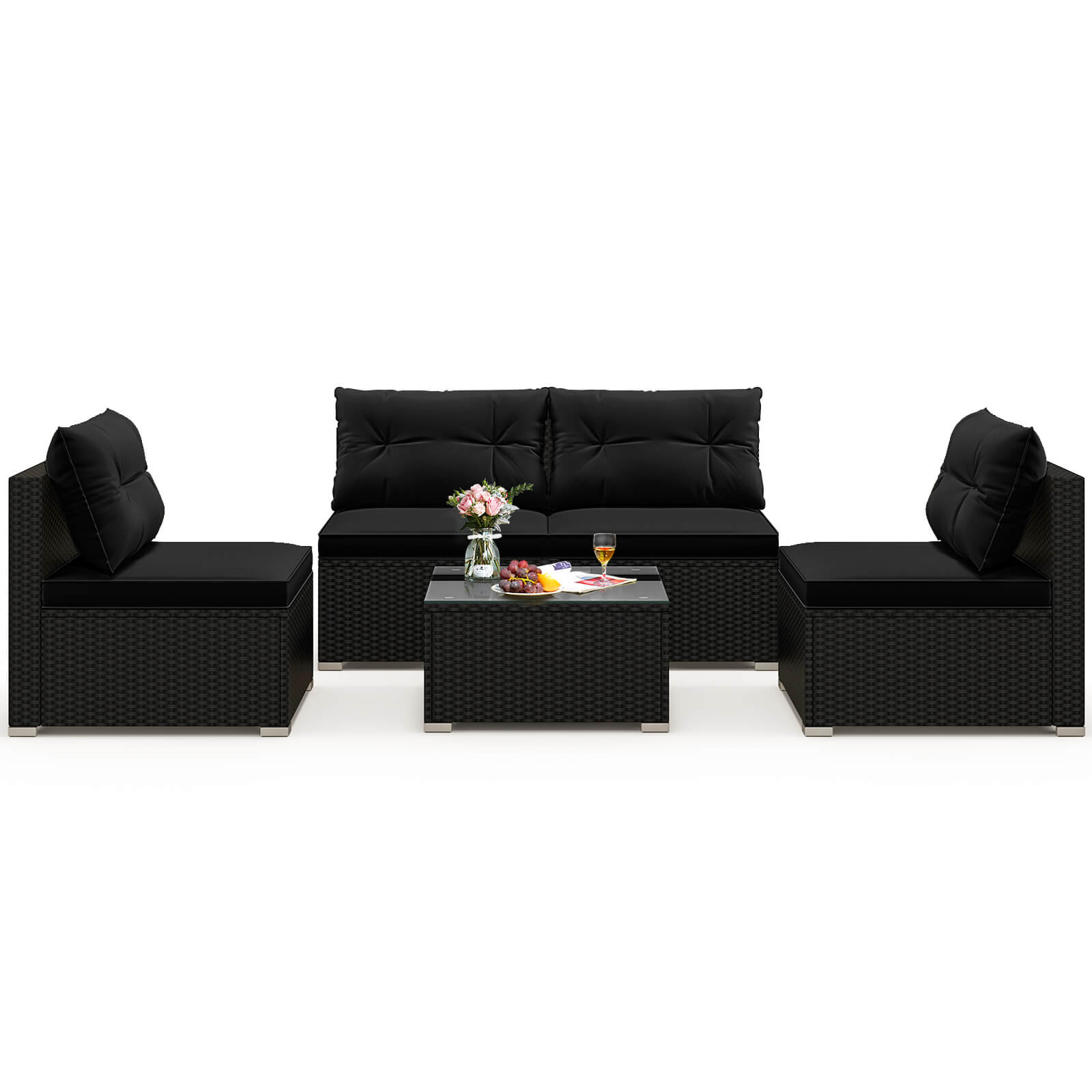 Alt View 9. Costway - Costway 5 Piece Outdoor Furniture Set with Seat & Back Cushions Tempered Glass Tabletop - Black.