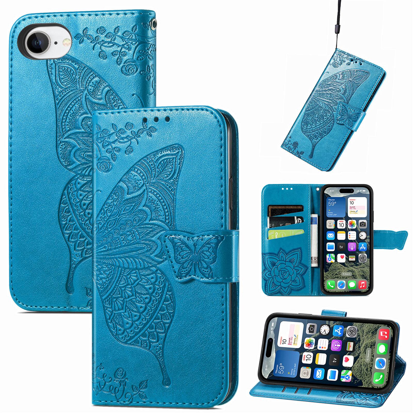 Angle. Dteck - Wallet Case for Apple iPhone 17e/iPhone 16e, Embossed Butterfly Pattern Leather Card Slots Flip Stand Cover+Strap - Blue.