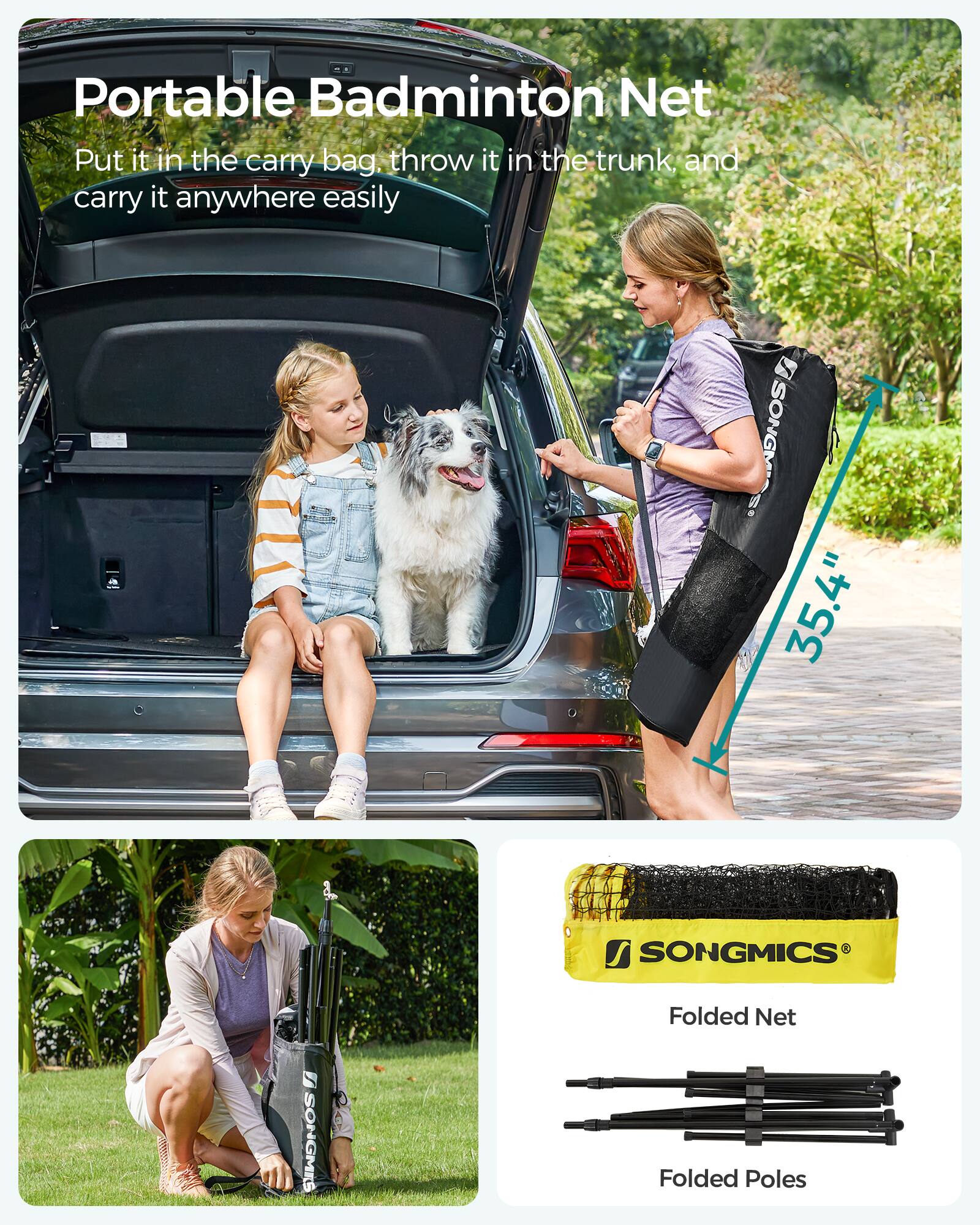 Portable Badminton Net  
Put it in the carry bag, throw it in the trunk, and carry it anywhere easily  

35.4"  

Folded Net  
Folded Poles