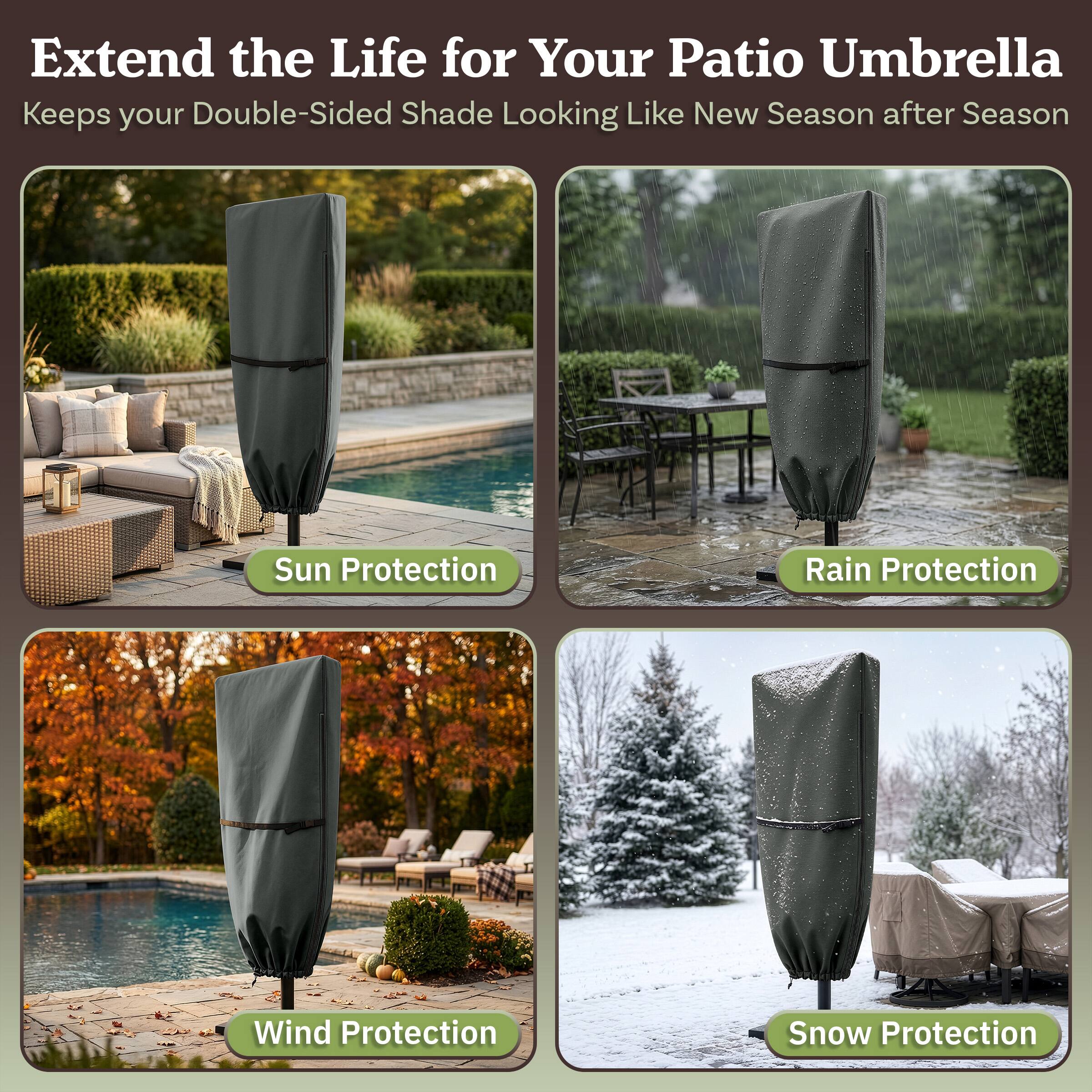 Extend the Life for Your Patio Umbrella  
Keeps your Double-Sided Shade Looking Like New Season after Season  

- Sun Protection  
- Rain Protection  
- Wind Protection  
- Snow Protection