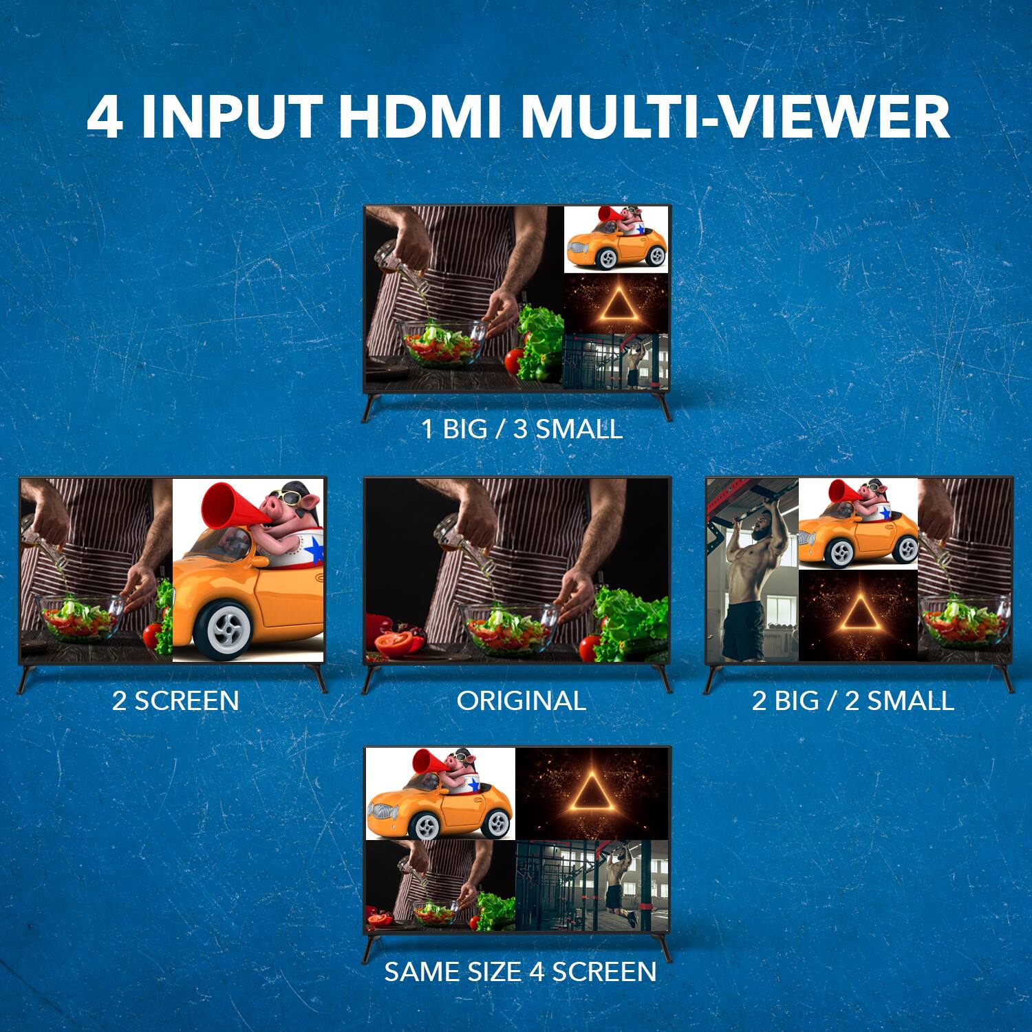 4 INPUT HDMI MULTI-VIEWER
1 BIG / 3 SMALL
2 SCREEN
ORIGINAL
2 BIG / 2 SMALL
SAME SIZE 4 SCREEN