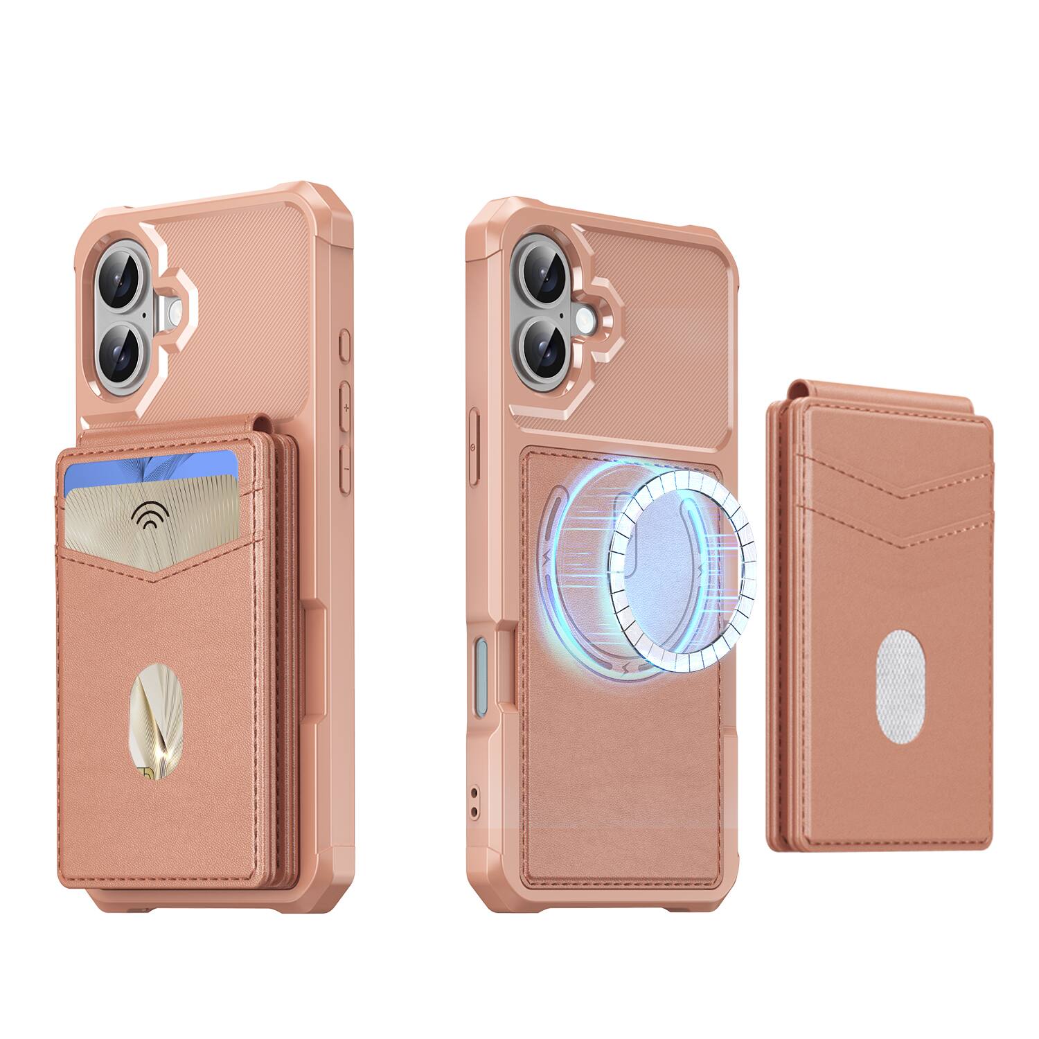Angle. Dteck - For Apple iPhone 17 Wallet Case 2-in-1 Magnetic Leather Flip Stand RFID Blocking Cover With Detachable Card Holder - Rosegold.