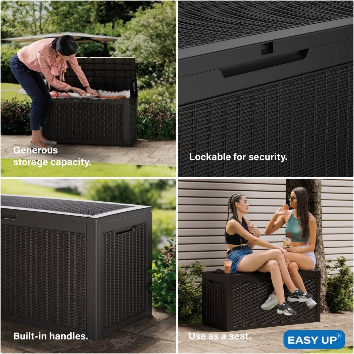 Generous storage capacity.  
Lockable for security.  
Built-in handles.  
Use as a seat.  

EASY UP