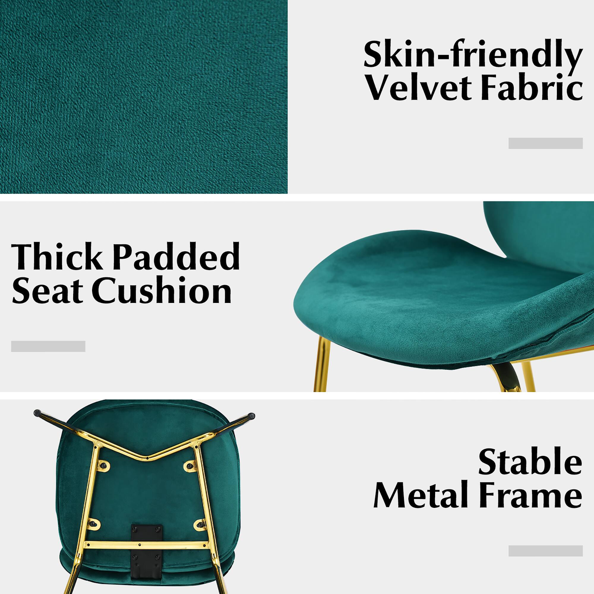 The text on the image is grouped as follows:

1. Skin-friendly Velvet Fabric
2. Thick Padded Seat Cushion
3. Stable Metal Frame