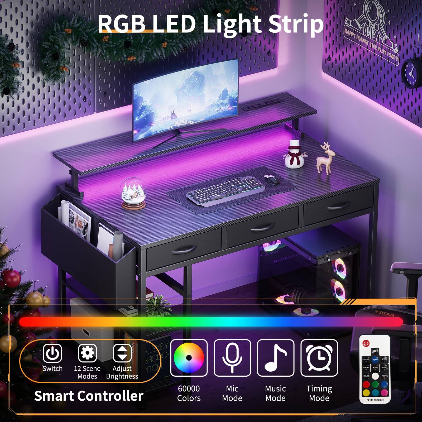 RGB LED Light Strip

- Switch
- 12 Scene Modes
- Adjust Brightness
- 60000 Colors
- Mic Mode
- Music Mode
- Timing Mode

Smart Controller

- OTA Modes
- Brightness
- Colors
- Mic Mode
- Music Mode
- Timing Mode