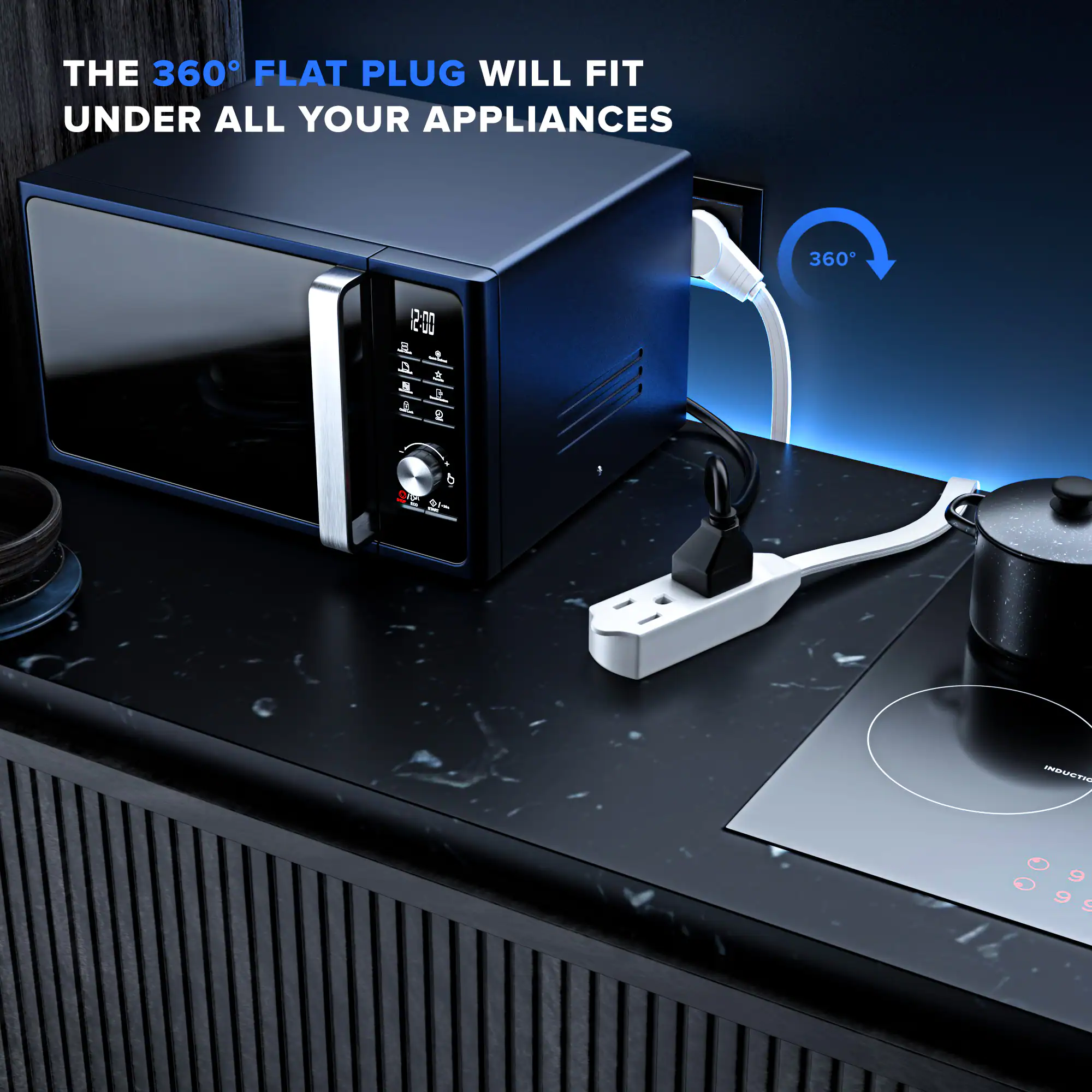 THE 360° FLAT PLUG WILL FIT UNDER ALL YOUR APPLIANCES 360° 2:00 1.  A & S b a i 6 BE 3 INDUCTI