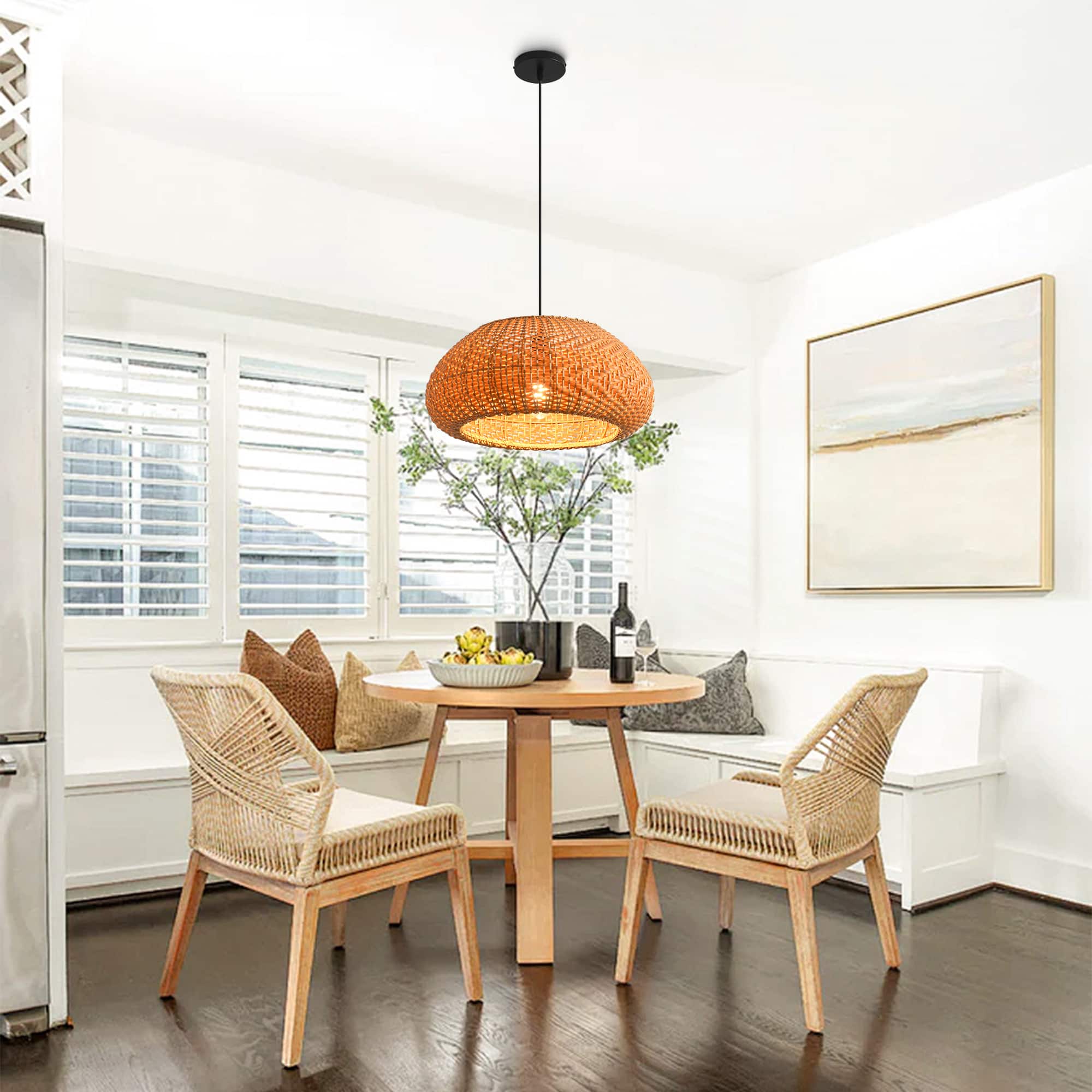 Parrot Uncle - 1-Light Coastal Retro Brown Rattan Hand-Woven Cloche Hanging Cage Pendant Light