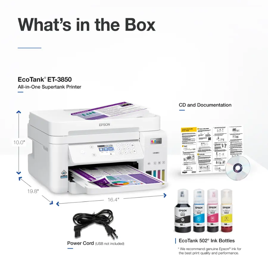 What's in the Box: EcoTank ET-3850 All-in-One Supertank Printer, PNE CD and Documentation, Epson. Size: 10.0" x 19.8".
