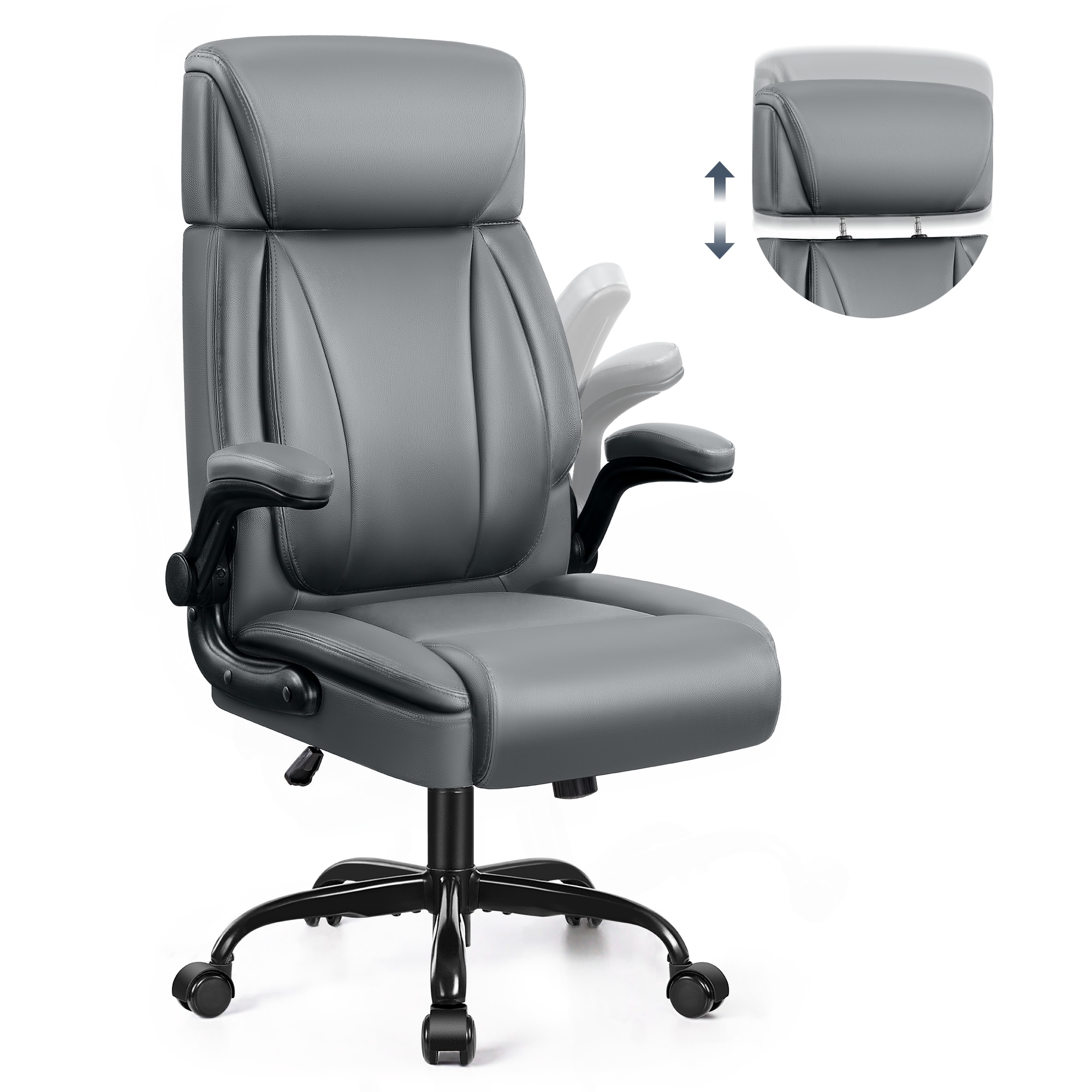 KERDOM - Ergonomic Office Chair with Lifting Headrest, Adjustable Executive PU Leather Chair, Filp-up Armrests, Tilt PC Chair - Gray