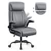 Front. KERDOM - Ergonomic Office Chair with Lifting Headrest, Adjustable Executive PU Leather Chair, Filp-up Armrests, Tilt PC Chair - Grey.