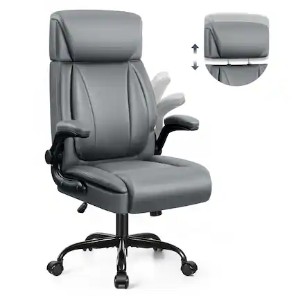 Front. KERDOM - Ergonomic Office Chair with Lifting Headrest, Adjustable Executive PU Leather Chair, Filp-up Armrests, Tilt PC Chair - Grey.